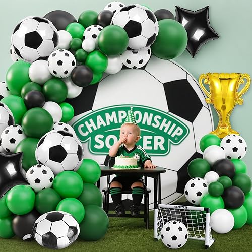 Miniatura 6 de Decoraciones de fiesta de fútbol, 113 piezas de guirnalda de globos de fiesta de fútbol, globos verdes, blancos y negros con globos de papel de