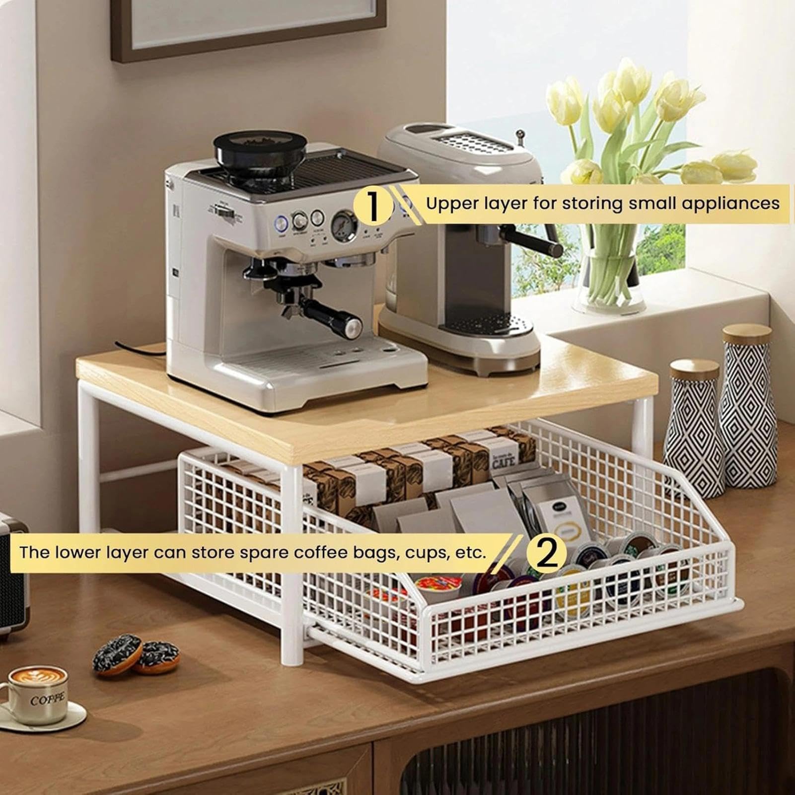 Küchen-Arbeitsplatten-Organizer, 2-stöckiger Mikrowellenständer, Kaffeekapsel-Schubladenhalter, Küchen-Arbeitsplatten-Organizer Mit Drahtkorb Und Kleinem Gewürzregal(Black)