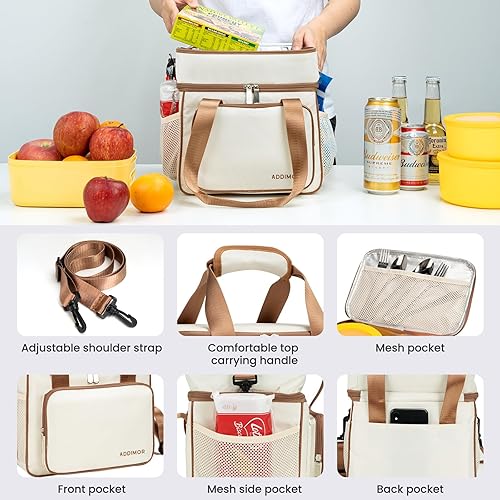 Miniatura 6 de Bolsa de almuerzo para el trabajo, para mujeres y hombres, lonchera de doble cubierta, 24 horas, bolsa térmica de almuerzo aislada con correa para