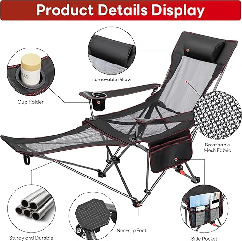 Miniatura 6 de BiAnYC Silla de campamento reclinable con reposapiés extraíble con reposacabezas, bolsa impermeable para teléfono y máscara para los ojos, sillas