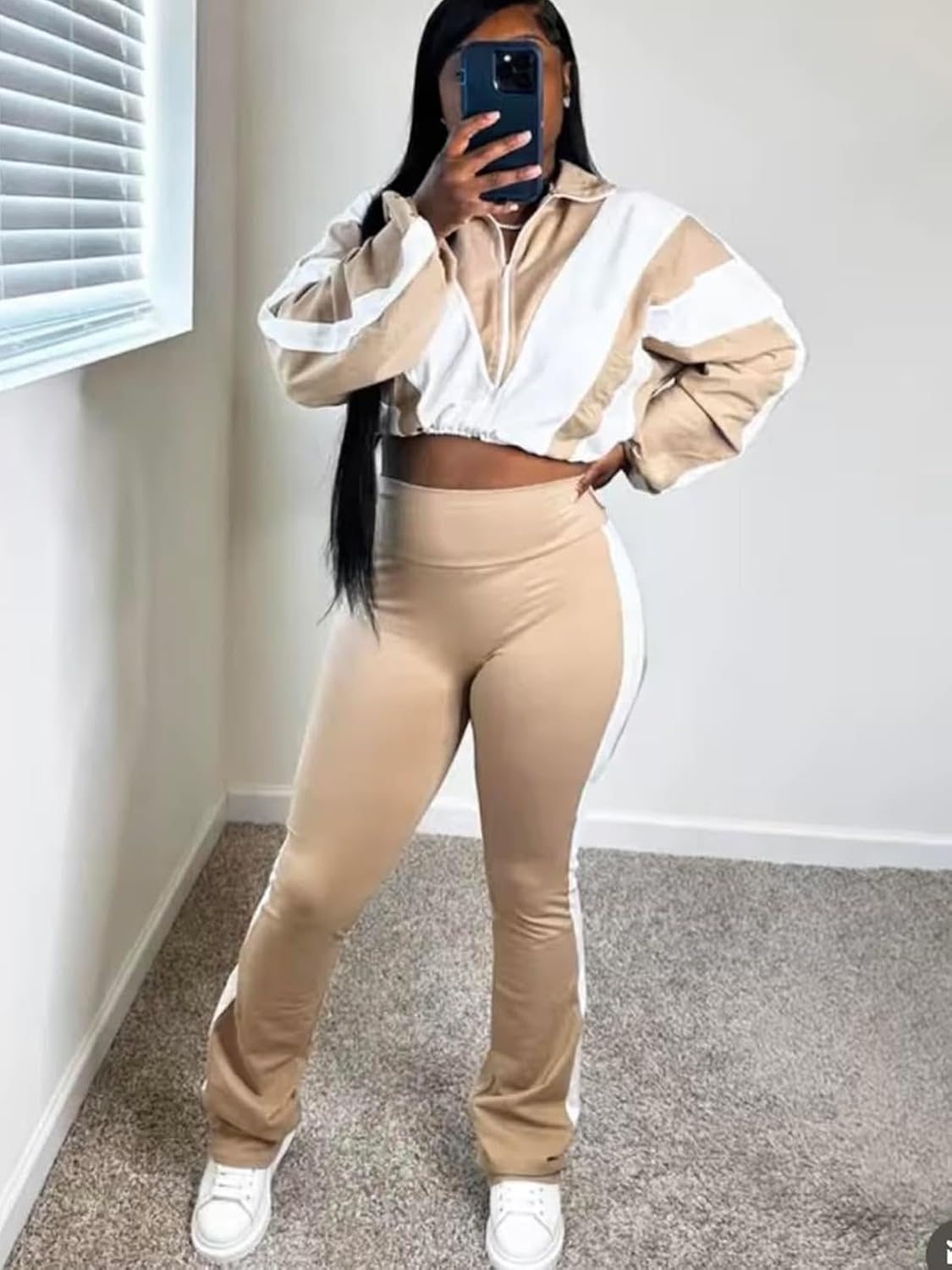 Womens Sweatsuits 2 Piece Set Contrast Color Long Sleeve Zip Up Cropped Jacket Leggings Pants Jogger Track Suits - Image 4