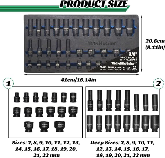 32-Piece Deep and Shallow Impact Socket Set, 3/8-inch Drive, 7-22mm, 6-Point Hex EVA Foam Storage Tray