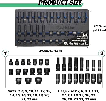 32-Piece Deep and Shallow Impact Socket Set, 3/8-inch Drive, 7-22mm, 6-Point Hex EVA Foam Storage Tray