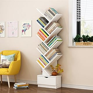 mosegor Tree Bookshelf, 9 Tier Floor Standing Tree Bookcase, Wooden Book Display Storage Organizer, with Drawer, for Living Room Home Office, Books CDs Albums, White