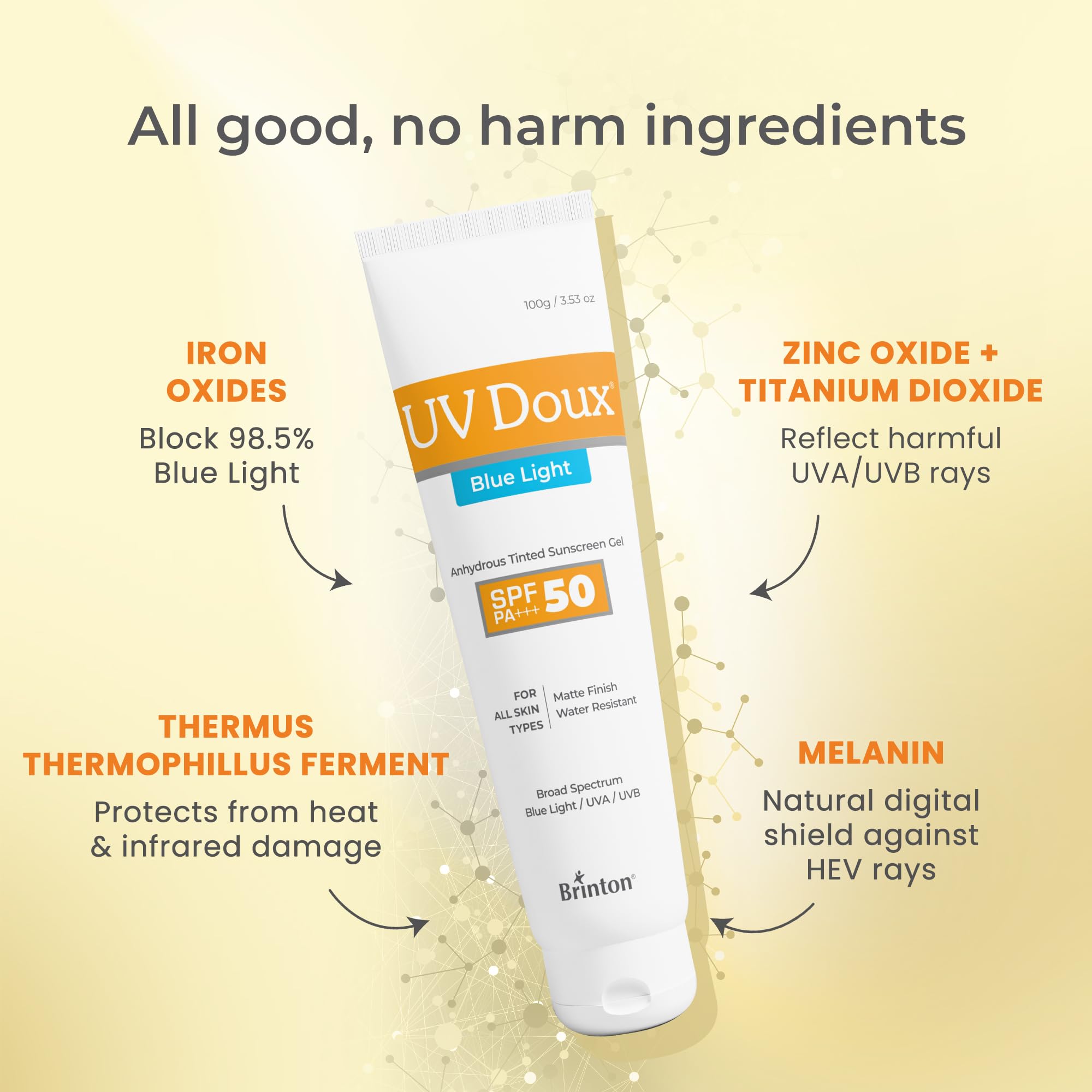 Gel protector solar UV Doux Blue Light SPF 50 PA+++ | Tintado, ligero, resistente al agua | Acabado mate | Protección UVA/UVB y luz azul | Para pieles grasas, sensibles y propensas al acné para