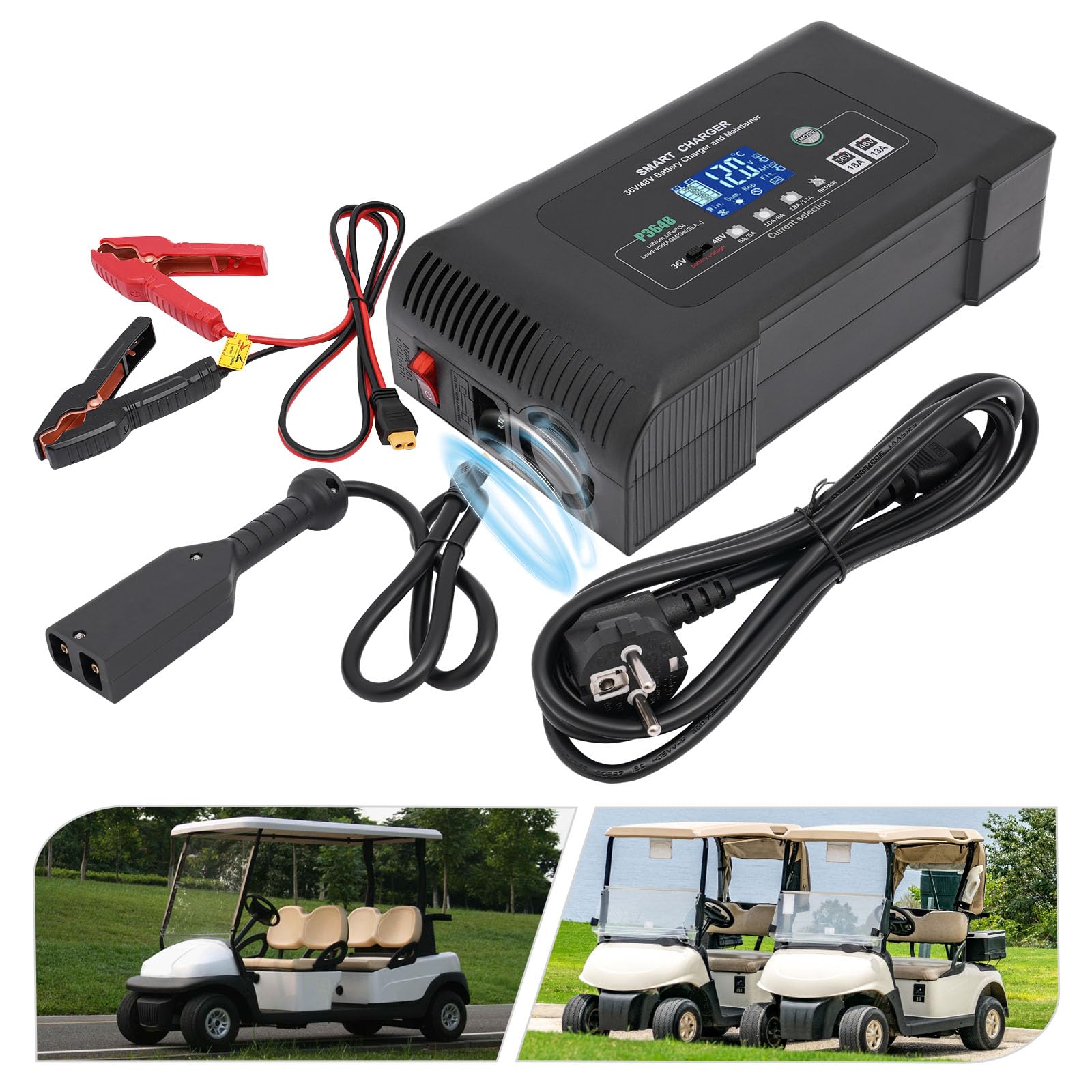 Cargador de coche de 36 V, 23 x 12,5 x 7 cm, cargador de batería inteligente rápido, para cargar baterías de litio, LiFePO4 y plomo-ácido
