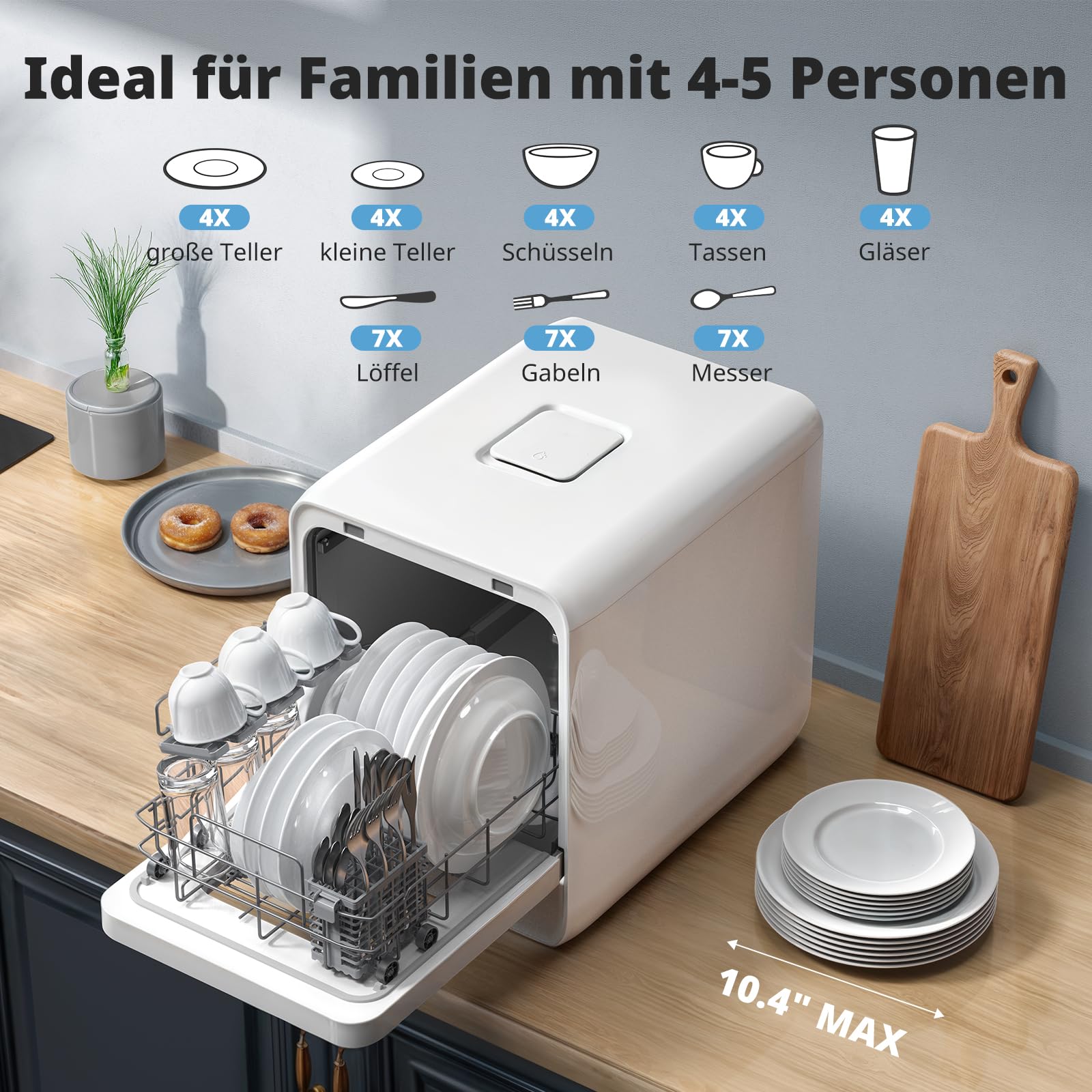 AIRMSEN Tischgeschirrspüler Mini Geschirrspüler 9 Programme 37x50cm Ultra-Schmal Tief 1-24H Timer 360° Doppelspray Weiß