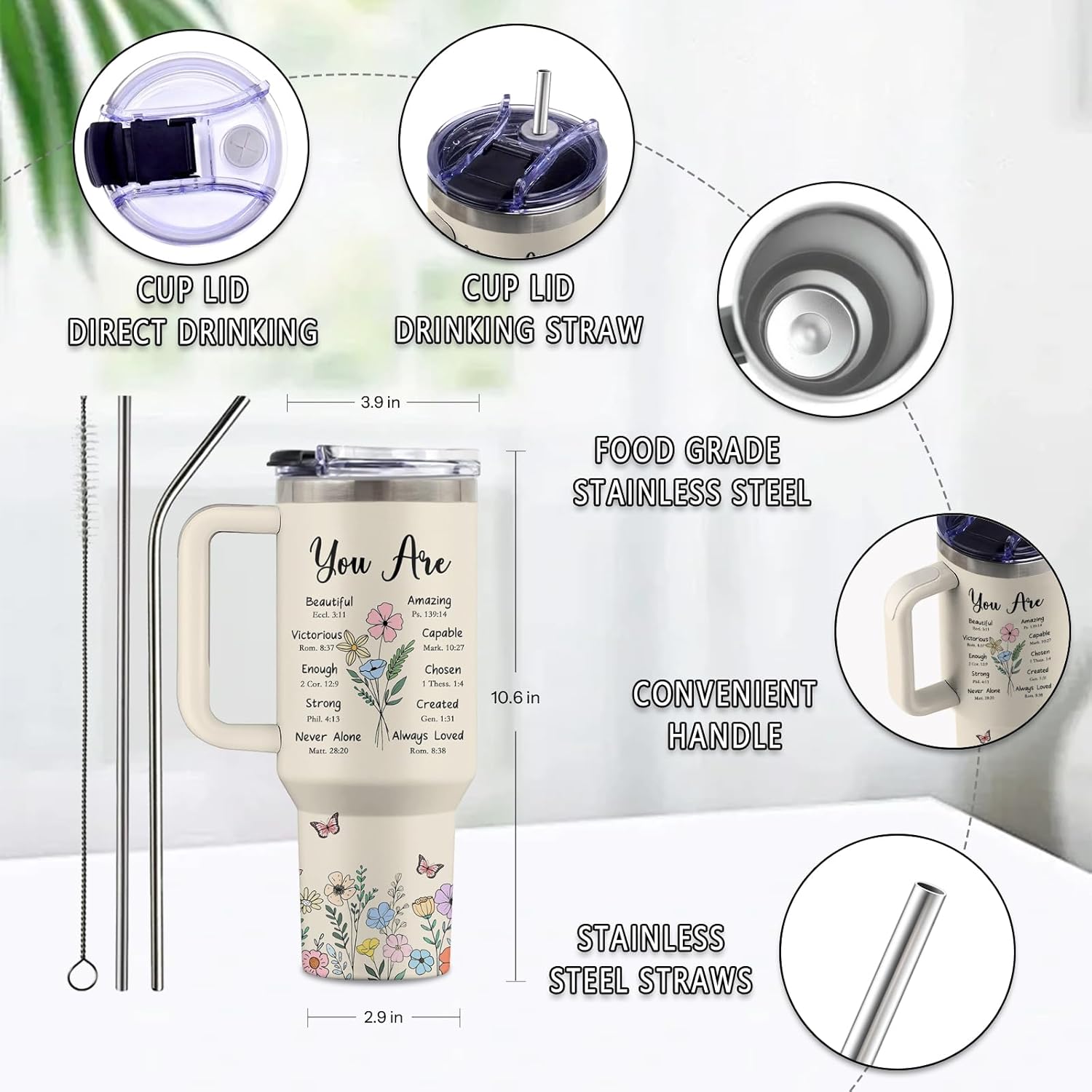 Christian Gifts for Women, 40 Oz You Are Tumbler with Handle & Straw, Religious Faith Inspirational Bible Verses Gift for Women, Christian Tumbler, Gifts for Thanksgiving Christmas, 1 PCS - Image 3