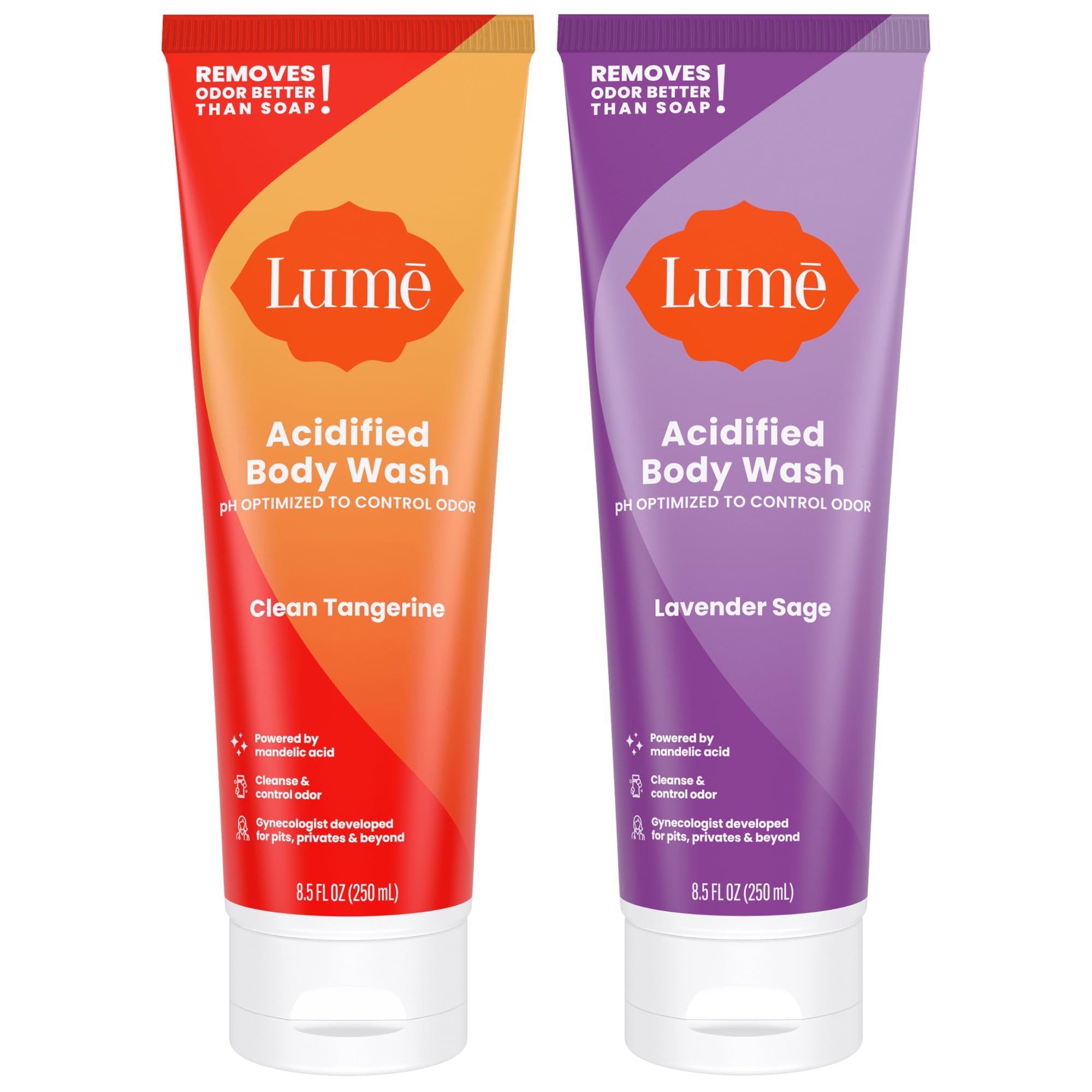 Lume Acidified Body Wash - 24 Hour Odor Control - Removes Odor Better than Soap - Formulated Without SLS or Parabens - OB/GYN Developed - 8.5 ounce (Pack of 2) (Clean Tangerine & Lavender Sage)