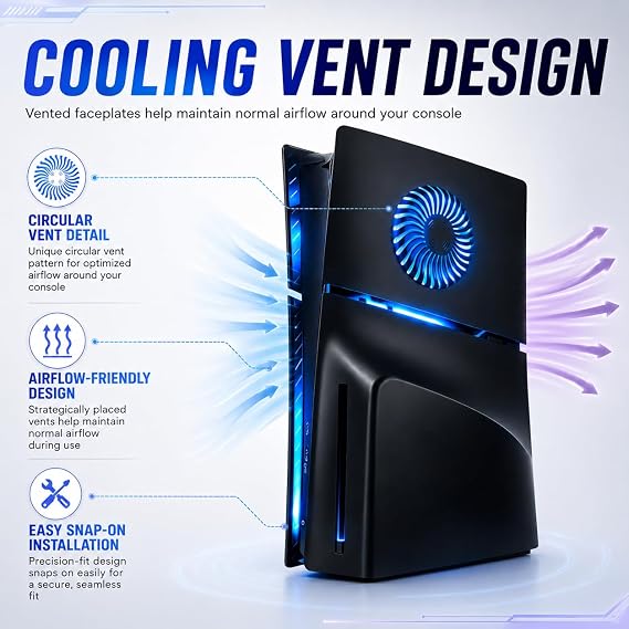 PS5 Slim Disc Edition Faceplate with RGB LED Lights and Cooling Vents, Black Replacement Cover Plates with Remote Control for PlayStation 5 Slim