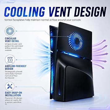 PS5 Slim Disc Edition Faceplate with RGB LED Lights and Cooling Vents, Black Replacement Cover Plates with Remote Control for PlayStation 5 Slim