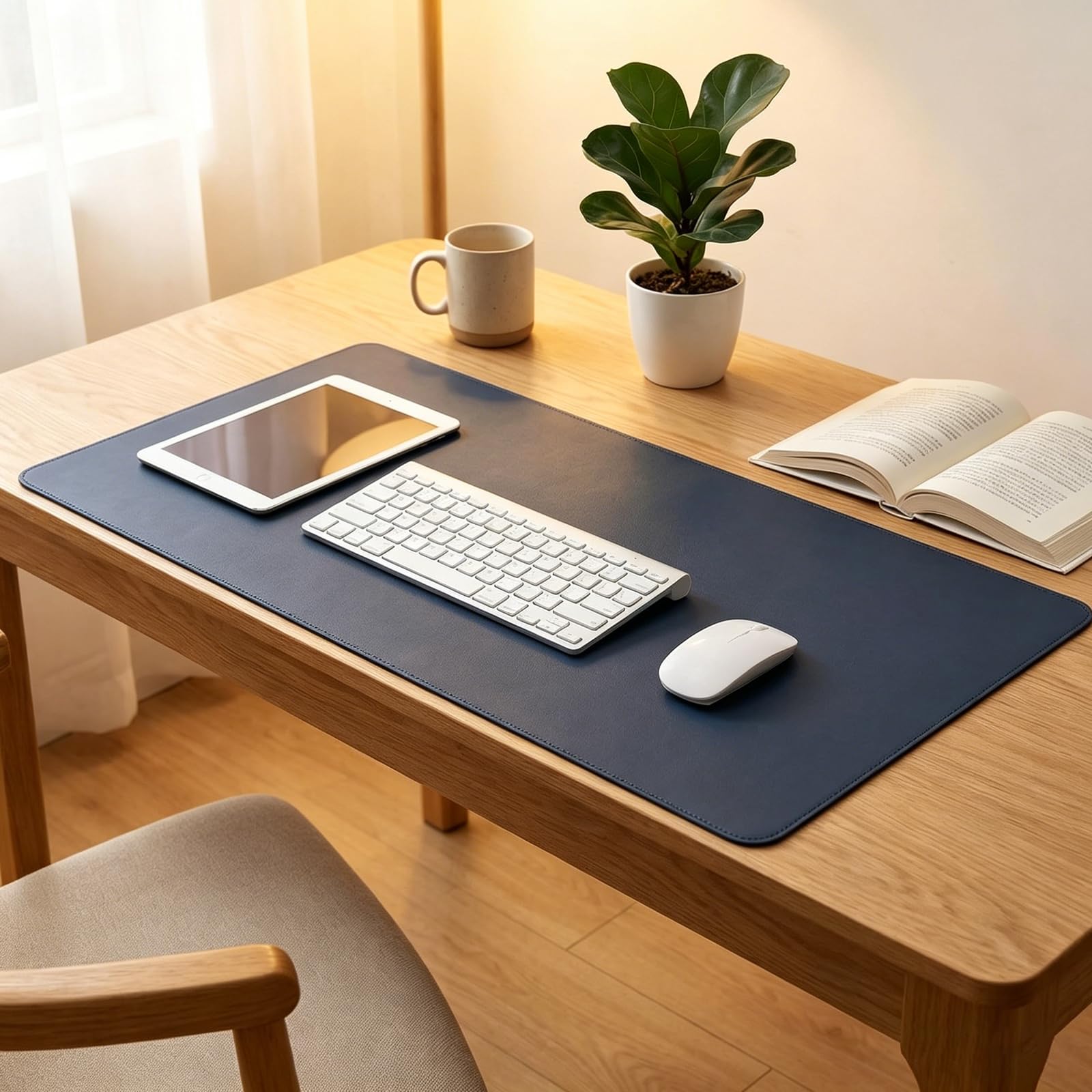 PIPRE Leather Desk Mat, Large Mouse Mat, Non-Slip Desk Pad, Waterproof Leather Table Protector Writing Pad for Office and Home (60 x 107 cm, Dark Blue)