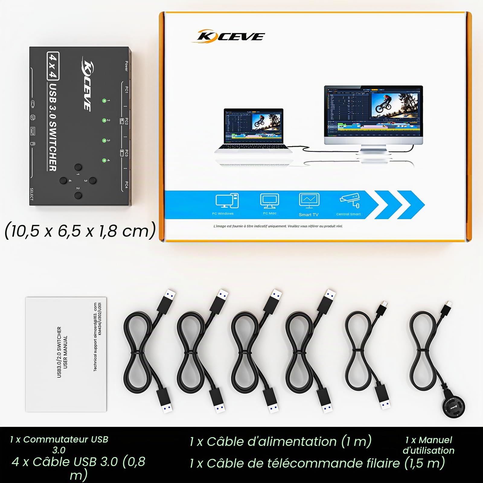 Commutateur USB 3.0 4 PC, YOUTINGHDAV 4 en 4 sorties USB Switch 3.0, boîte de commutation USB pour clavier, souris, imprimante, scanner, PC, avec télécommande filaire et 4 câbles USB 3.0