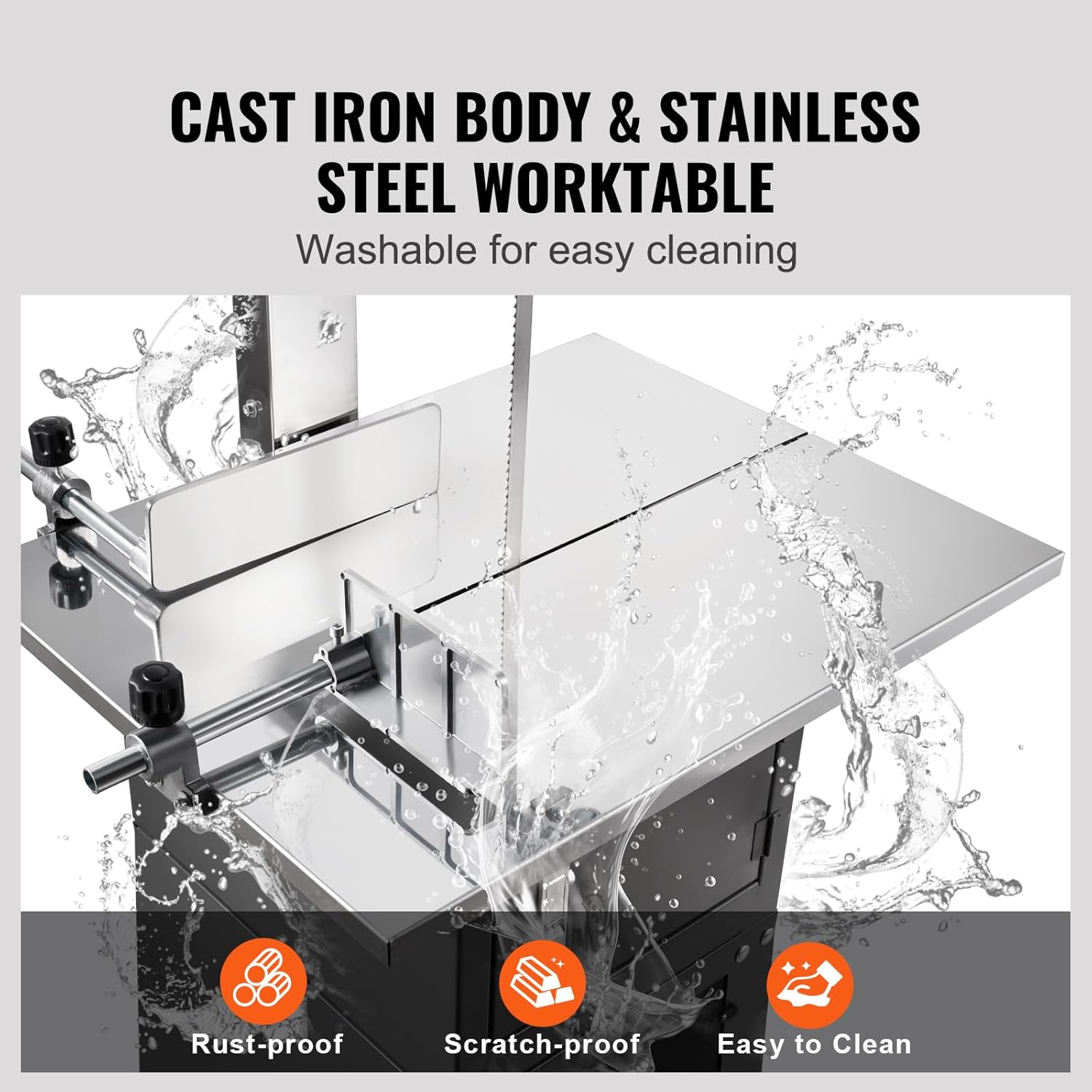 Stainless steel worktable being cleaned with water, highlighting rust-proof, scratch-proof, and easy-to-clean features