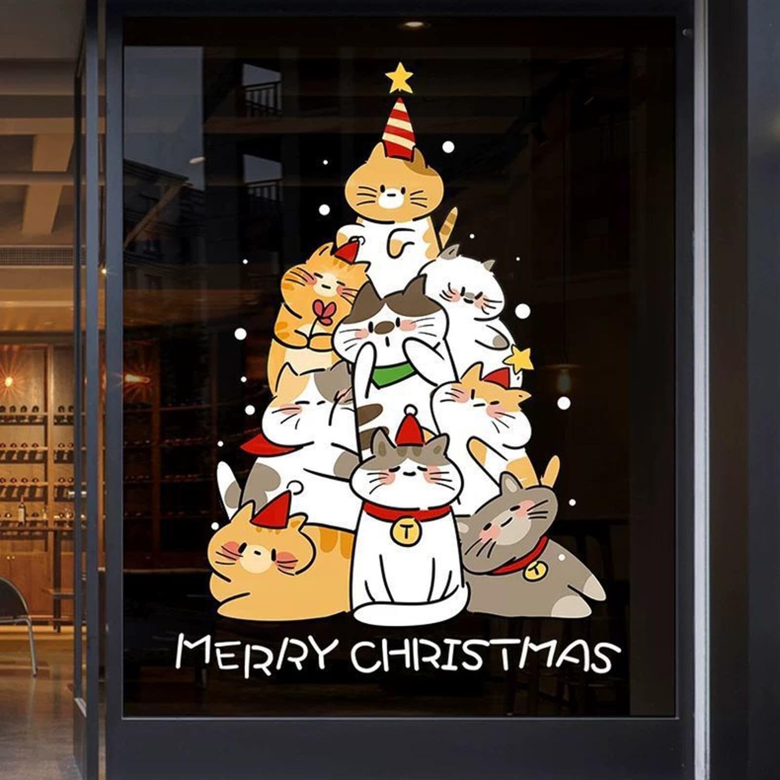 weihnachtsdeko fenster Weihnachtsfensteraufkleber, wiederverwendbare Katzen-Weihnachtsbaumaufkleber, PET-Stachelaufkleber for Weihnachtsfensterdekoration for Fenster selbstklebend(Mittel)