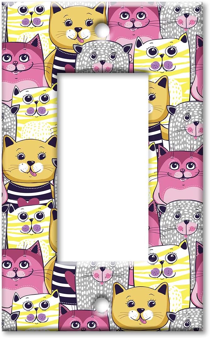 Art Plates 1-Gang Rocker (Decora) OVERSIZE Switch Plate - OVER SIZE Decorative Metal Wall Plate - Pink, Yellow and Gray Cat Toss - (Made in USA)