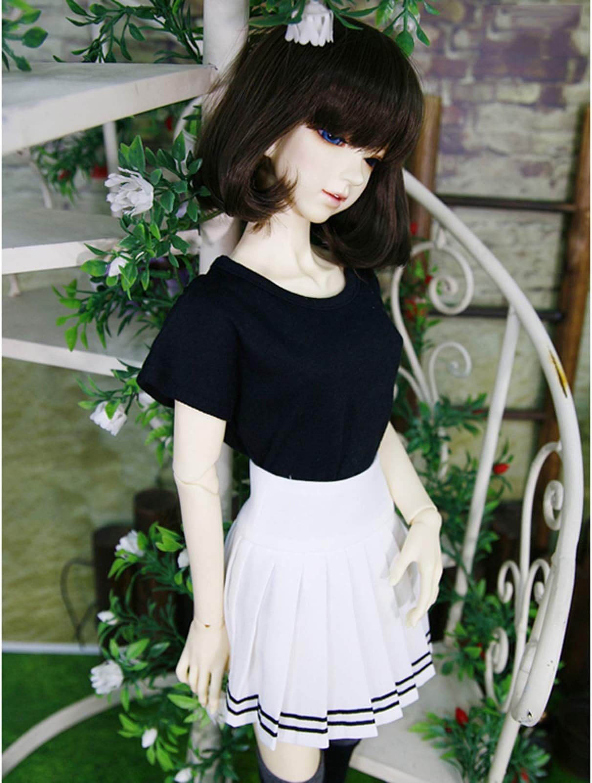 ZHDQ 1/3 1/4 1/6 Fashion Casual BJD Doll Clothes Full Set, SD Girl Doll White Pleated Skirt + Black T-shirt + Socks,1/4