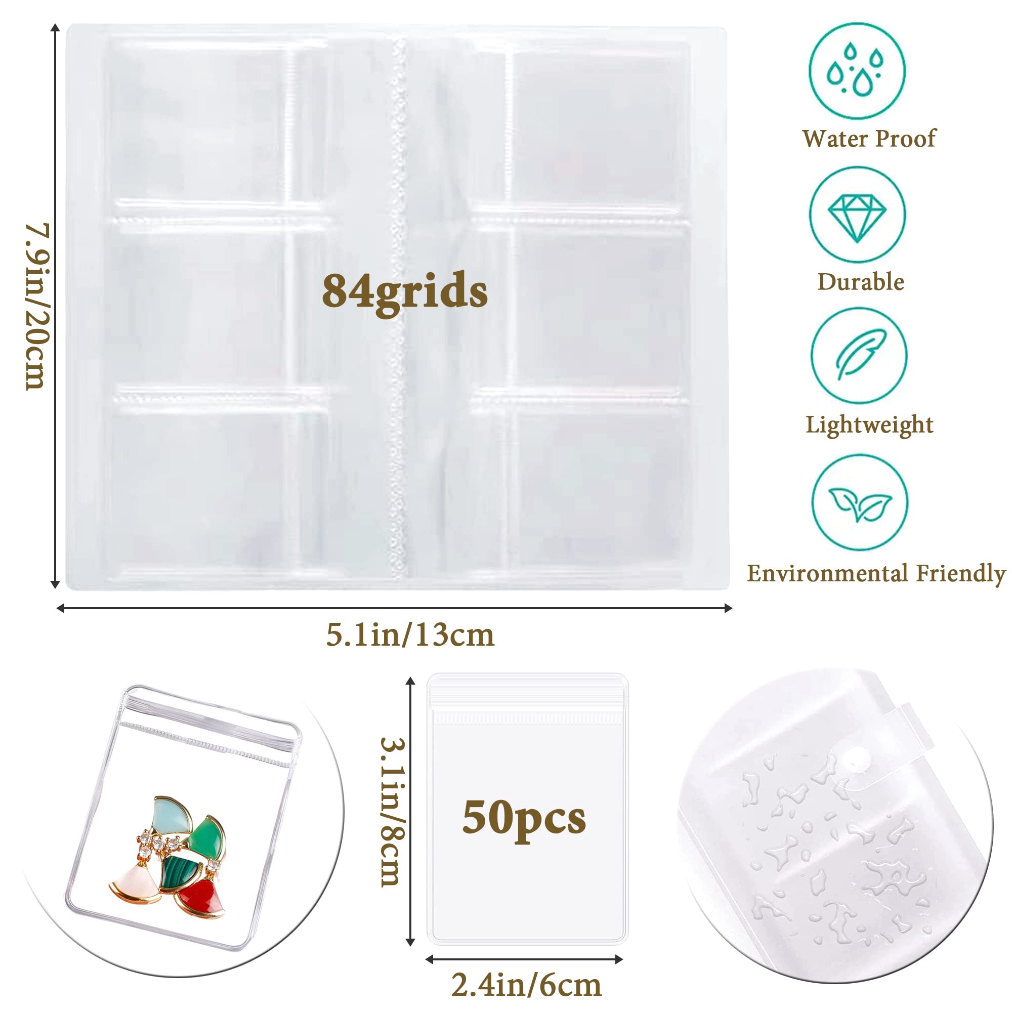 Libro de almacenamiento de joyas, antioxidación y anti-Terning, bolsas de joyería transparentes para anillos, pendientes, pulsera, broche (80 cuadrículas + 50 bolsas)