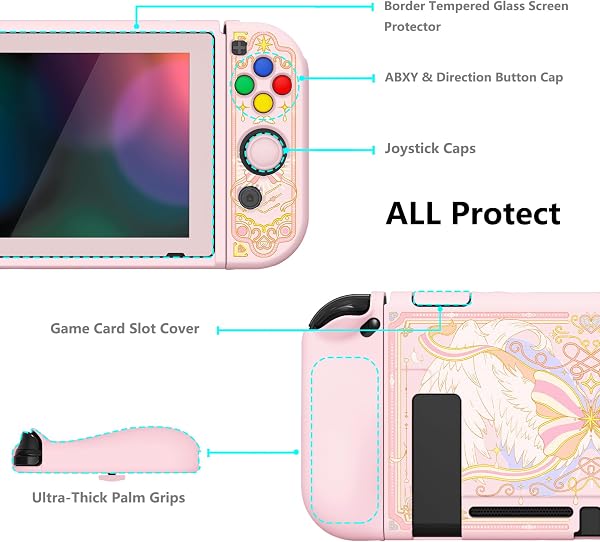playvital ZealProtect Soft Protective Case for Nintendo Switch, Flexible Cover Protector for Switch with Tempered Glass Screen Protector & Thumb Grips & ABXY Direction Button Caps - Magic Wings - 5