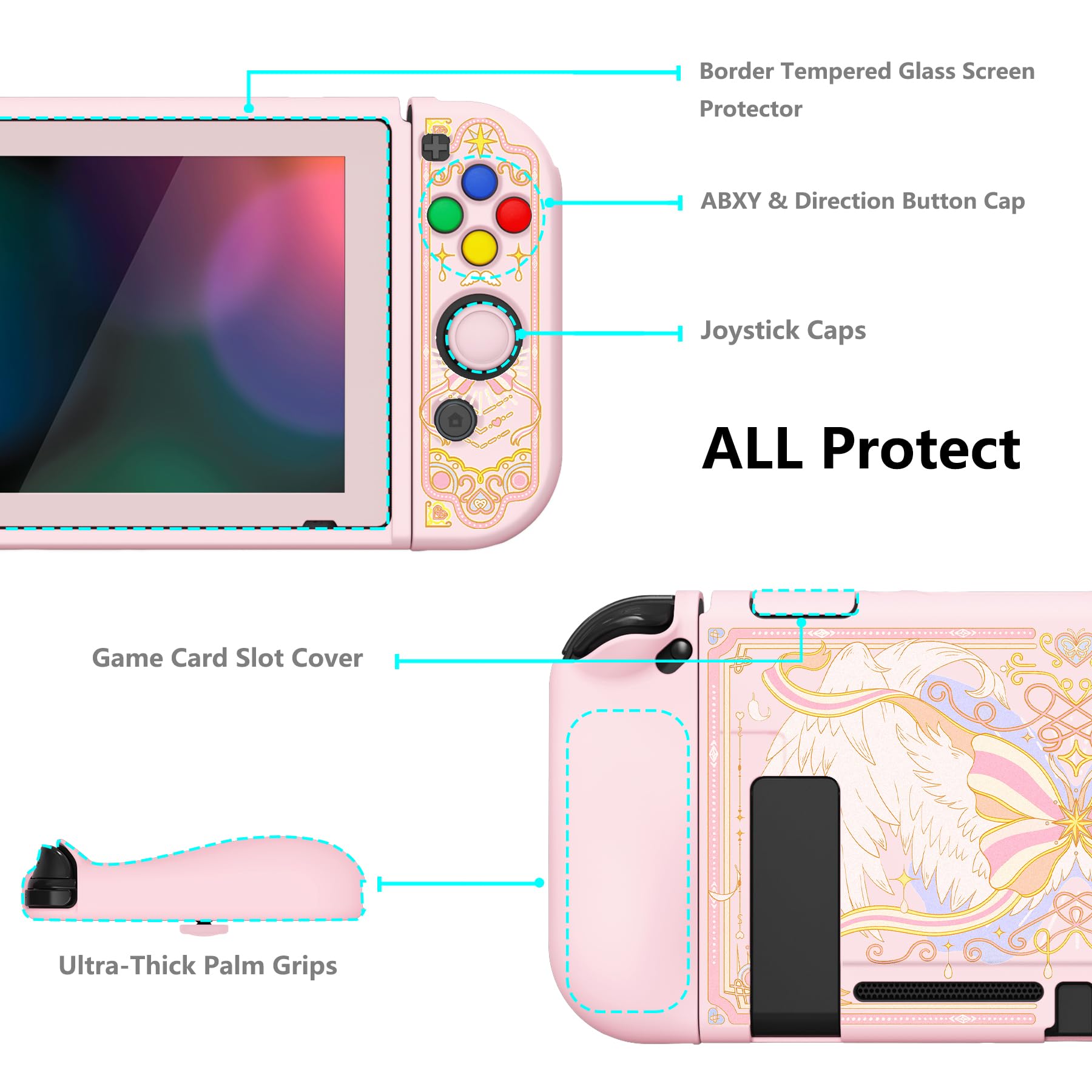 playvital ZealProtect Soft Protective Case for Nintendo Switch, Flexible Cover Protector for Switch with Tempered Glass Screen Protector & Thumb Grips & ABXY Direction Button Caps - Magic Wings - 5