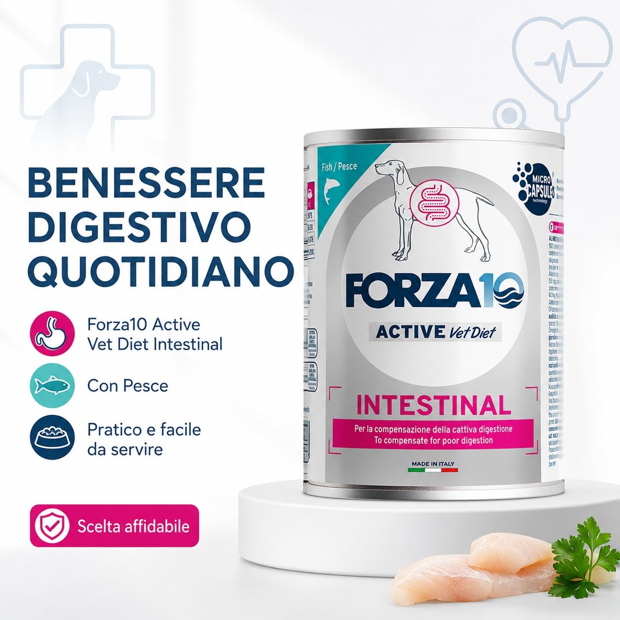 Intestinal Pesce – Forza10 Diet Cibo Umido per Cani Adulti di tutte le Taglie e Razze, Monoproteico,Cattiva Digestione,6 Lattine x 400g, Alimento Completo.