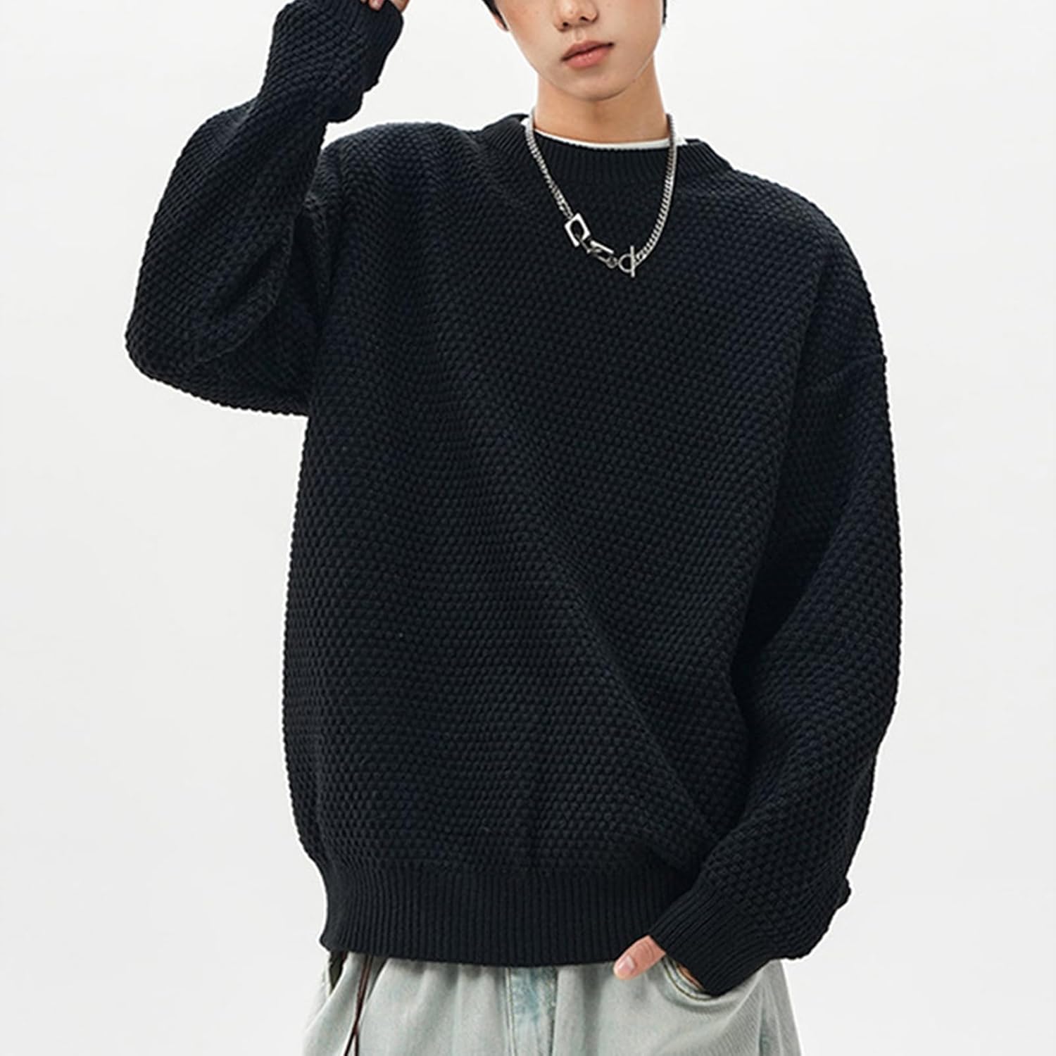 Laixton Men's Oversized Textured Knitted Sweaters Crewneck Pullover Sweater Casual Loose Fit Sweaters Fall Winter Tops