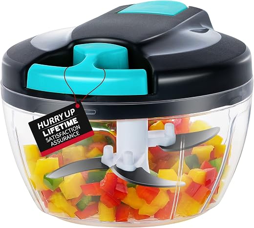 Tritatutto Manuale 550 ml，Trita Verdure Manuale con Tre Lame in Acciaio Inossidabile，Facile Pulizia Multi Tritatutto Manuale a Corda，Tritatutto a Corda per Verdura, Cipolla, Frutta, Prezzemolo (Blue)