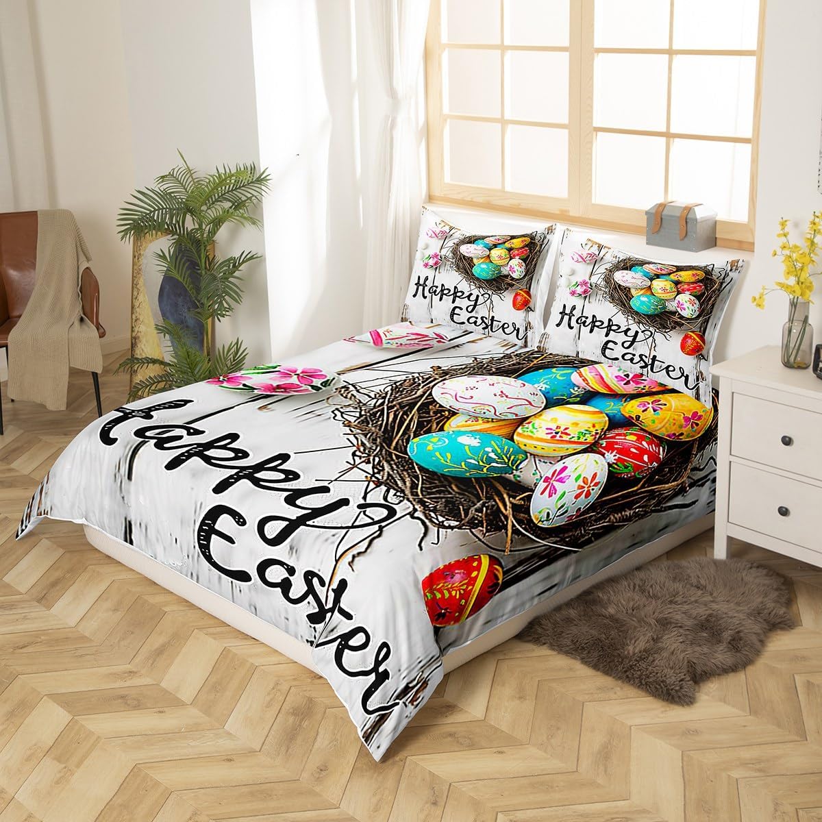 Manfei Happy Easter Duvet Cover Set Toddler Size, Colorful Eggs Print Bedding Set 2pcs, Grey Wooden Comforter Cover, Kids Boys Girls Room Decor, Soft Polyester Quilt Cover, 1 Pillowcase, No Comforter