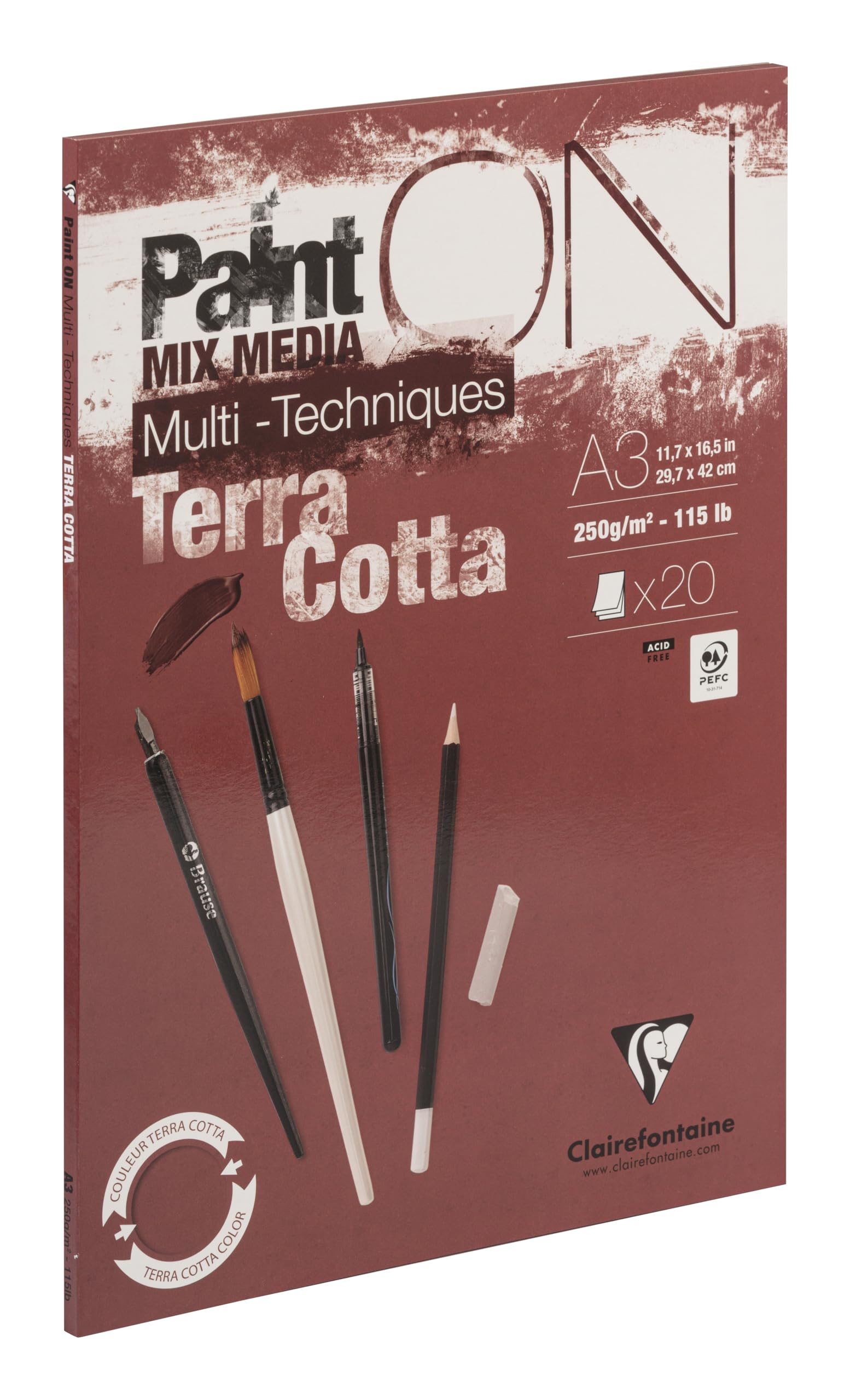 Clairefontaine 976154C PaintON Multi-Technique Terracotta A3 29.7x42 cm 250g Glued Pad - 20 Sheets Multi-Technique Drawing Paper with a Rough Grain - Terracotta