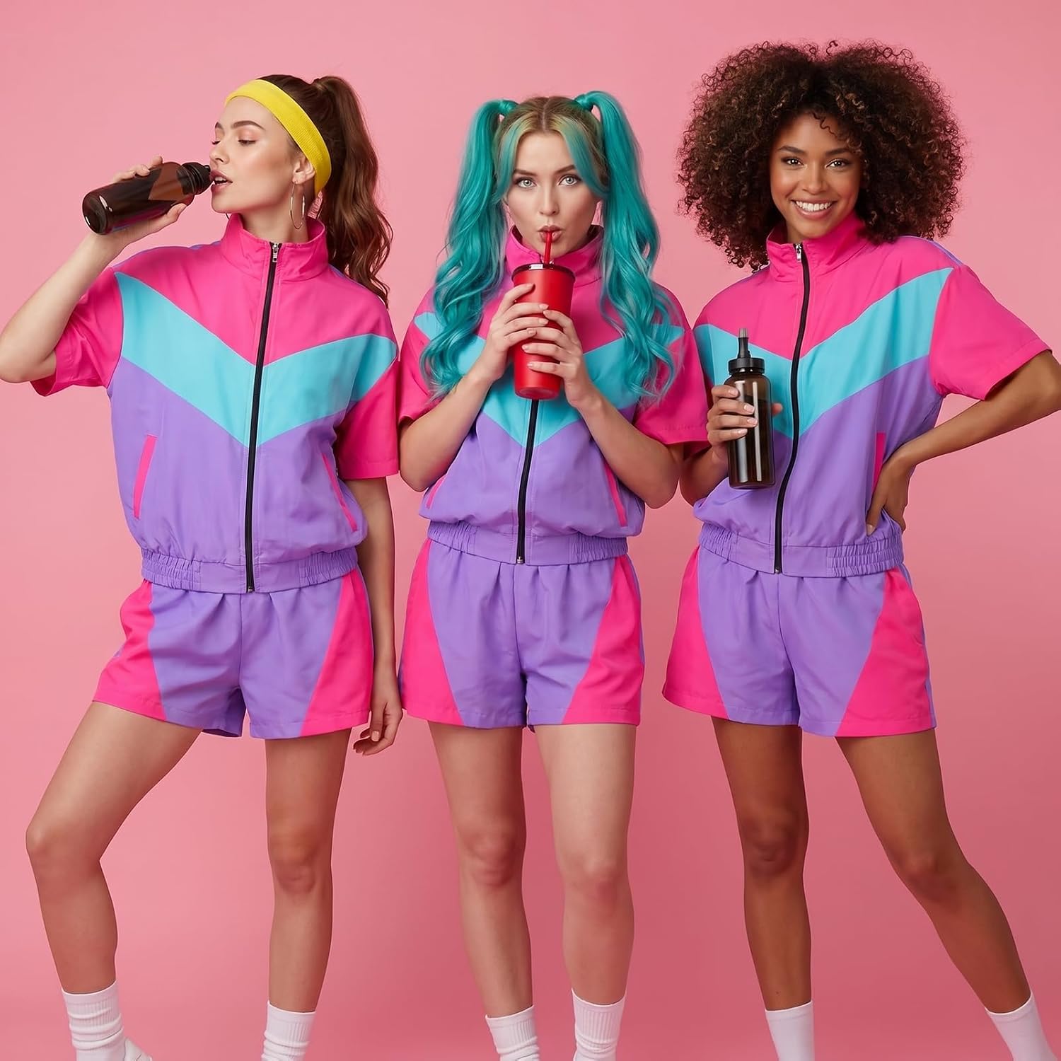 Women's 80s 90s Color Block Outfit | 2 Piece Short Sleeve Windbreaker Tracksuit Set Costume Zip Up