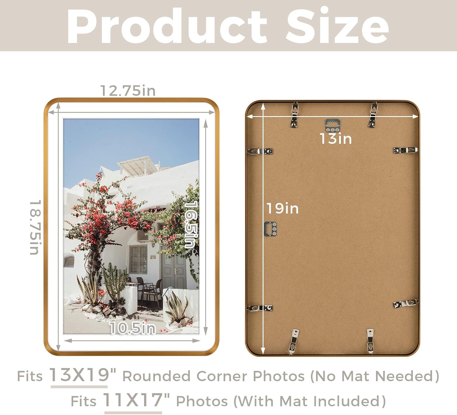 Golden State Art 13x19 Aluminum Picture Frame Bronze Gold - With Mat for 11x17 Photo or Without Mat for Round Edges 13 x 19 Photo with 1-inch Radius Corner - Real Glass - Matte Modern Wall Decor