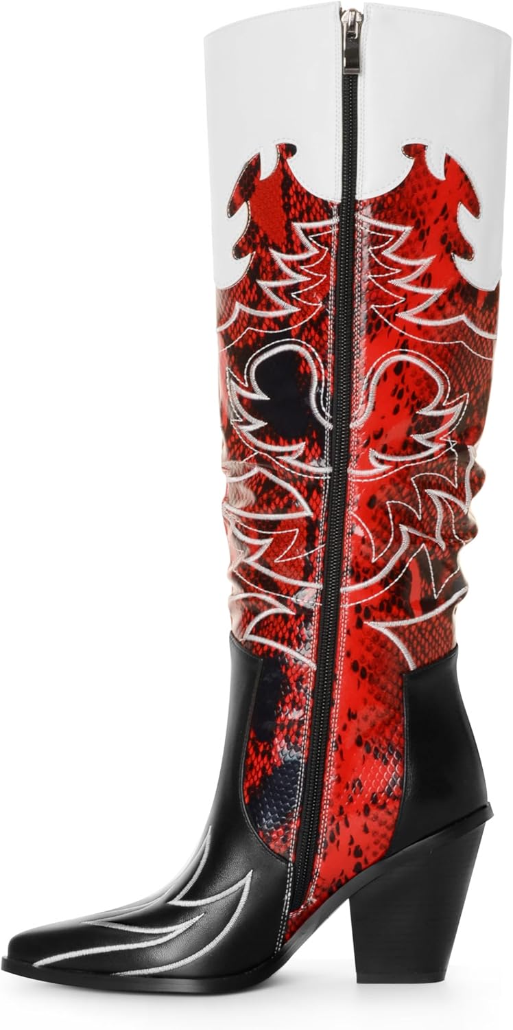 ANN CREEK Cowgirl Boots Side Zipper Womens Cowboy Boots Knee High Embroidery Woman Western Tall Pointed Toe Chunky Heel Two Tones - Image 5