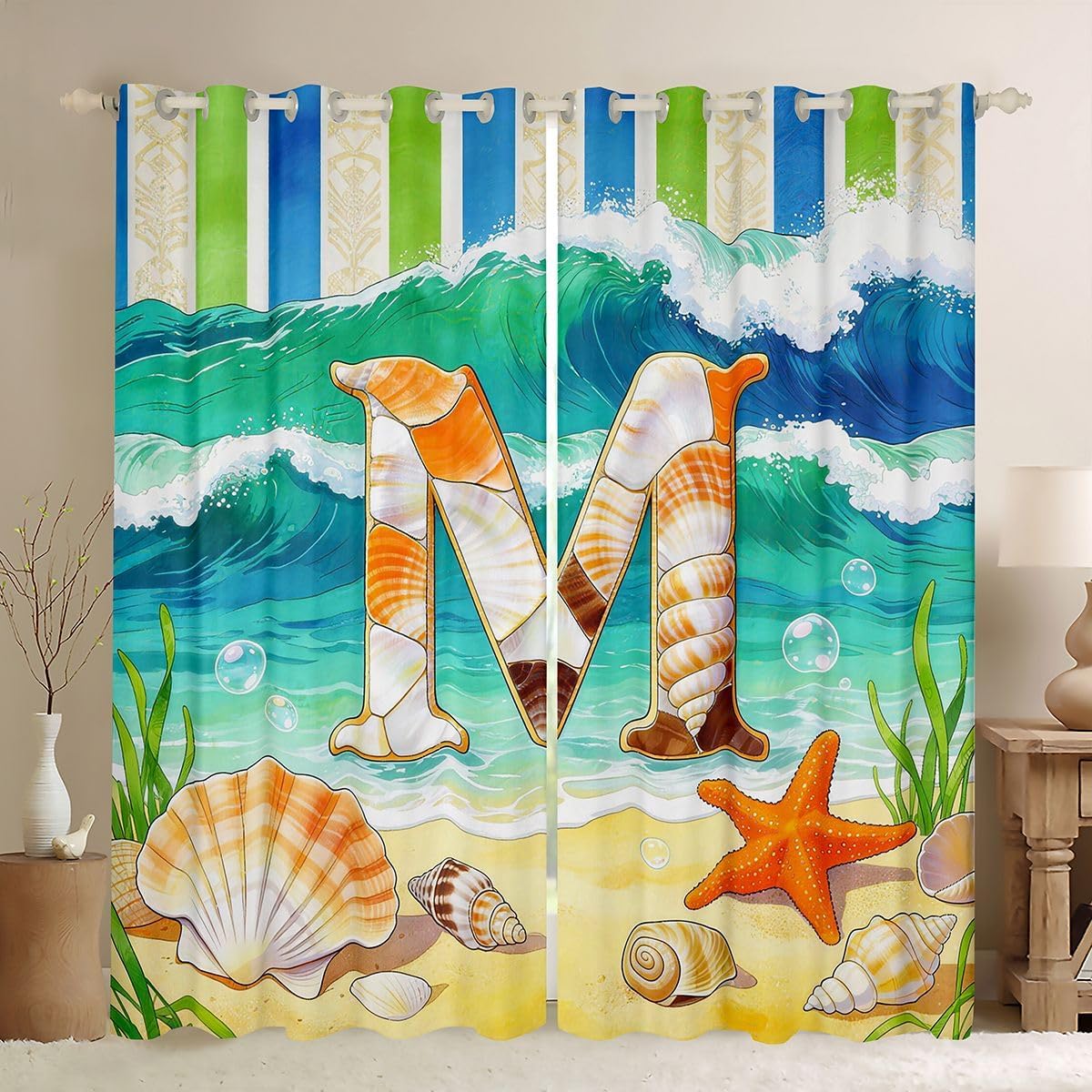 Feelyou Hawaiian Beach Curtain Kids Personalized Initial Letter M Window Drapes (2 Panels, 38 x 45 Inch) Beach Coastal Blackout Shades for Women Men Room Decor Microfiber Marine Life Sea