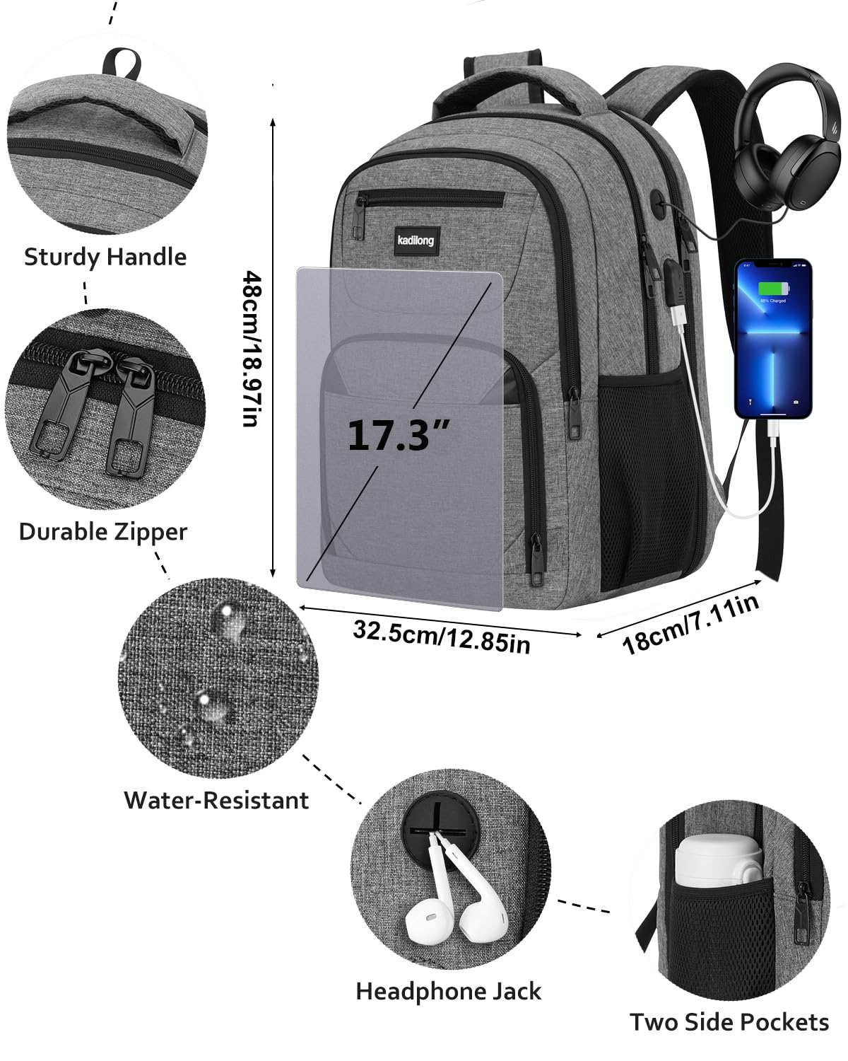 kadilong 17,3 Pouces Sacs à Dos pour Ordinateur Portable pour Homme,Sac École Secondaire Cartable Lycée Garçon avec Port USB