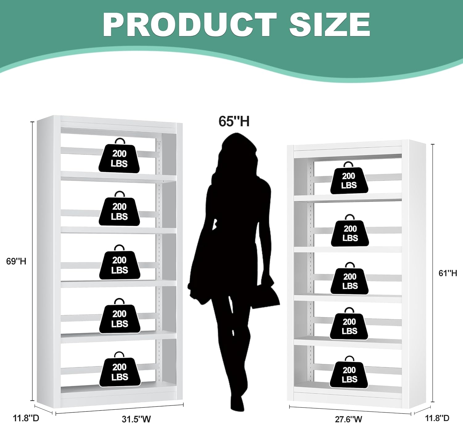 61" H Bookshelf, 5 Tier Adjustable Bookshelf, White Bookcase, Metal Bookshelves and Bookcases, Modern Book Shelf for Living Room, Office, Easy Tool-Free Assembly