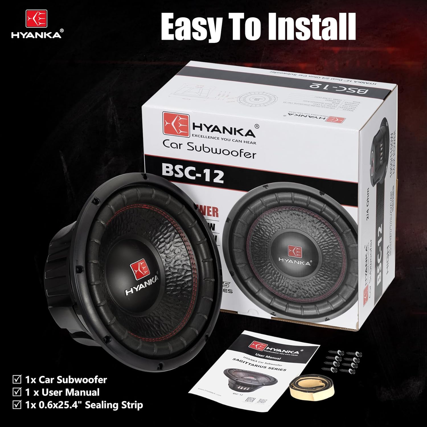 H YANKA BSC-12-4 12 Inch Subwoofer - 1000W MAX Power 12 Inch Paper Cone Subwoofer Car Audio, Black Iron Basket, 2.5“ Dual Voice Coil 4 Ohm Impedance 12 Sub for Cars