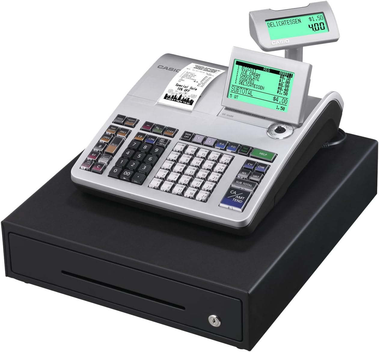 Casio SR S400MB Autostyle FIS Gdpdu Enabled Cash Register with Software License, SD Card and Battery Complete Package and Free Hotline – Silver/Black