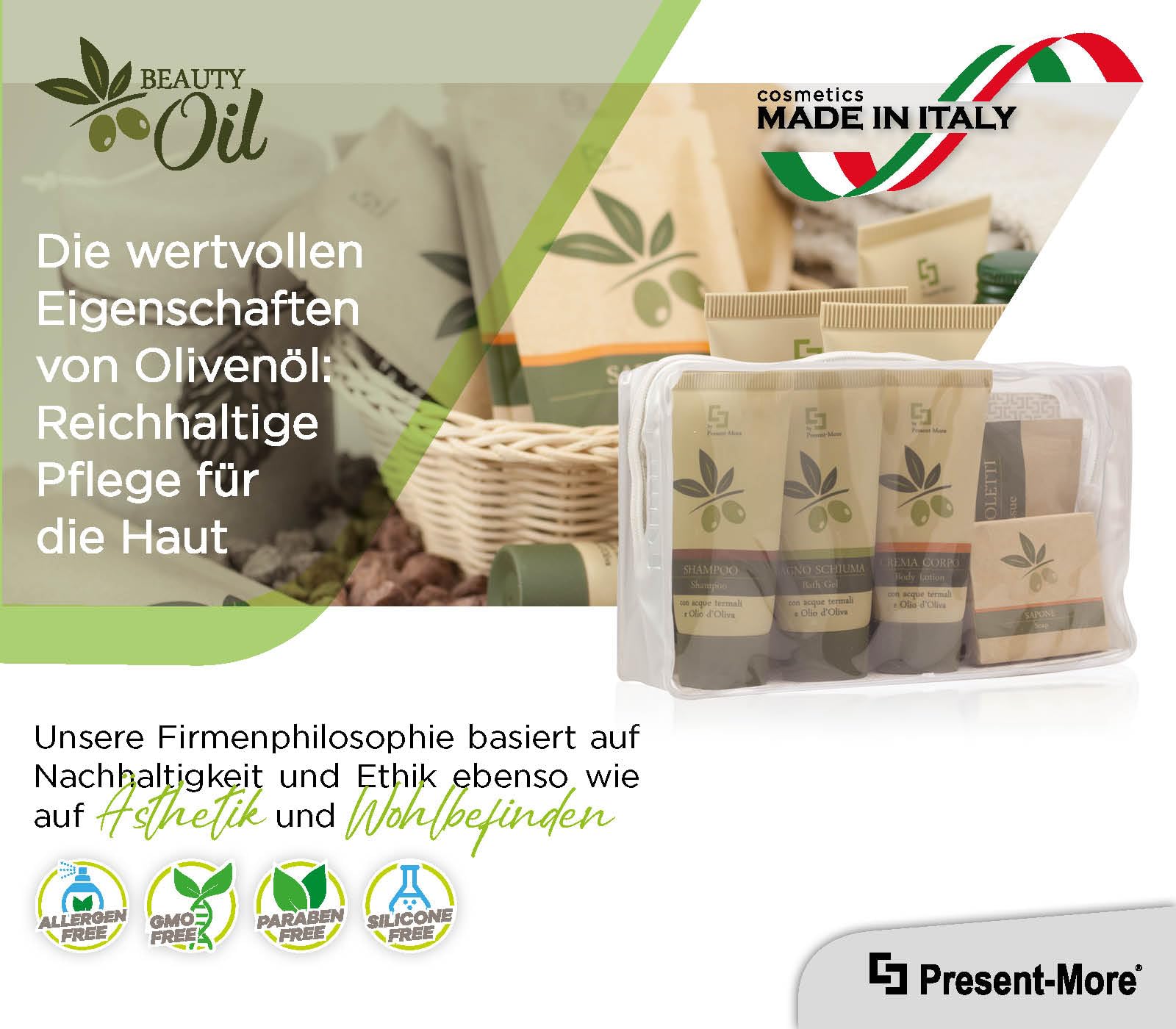 Present-More Amenities Kit Beauty Oil - Welcome Gift Toilettenartikel 24 Gäste für Hotels und B&B | Allergenfreie Amenities Kit mit Duftnote Tahitian | Tahitian Parfum – Shampoo, Duschgel, Creme, Seife und Zubehör – Made in Italy – für Hotels und B & B