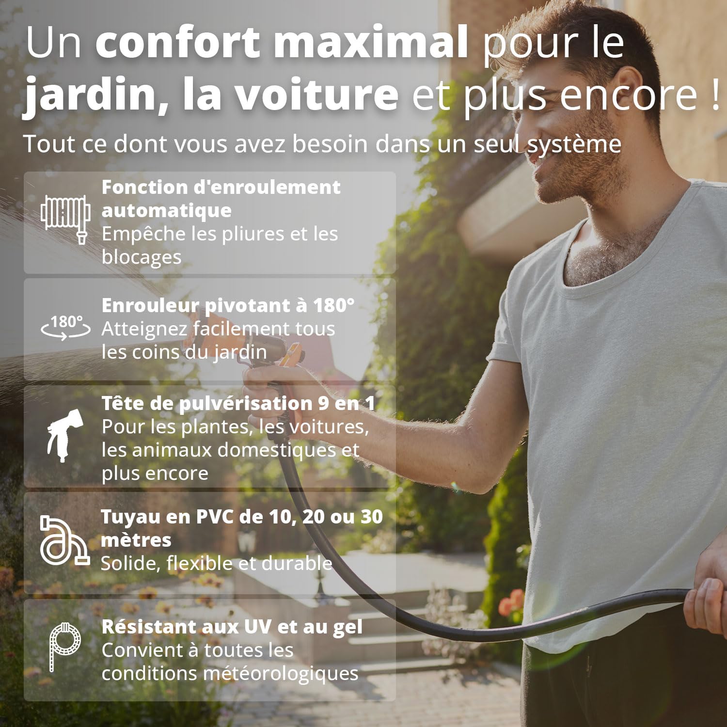 FlinQ Enrouleur Tuyau Arrosage Mural 20m – Dévidoir Automatique 180° Pivotant – Devidoir avec Tête d'Arrosage 9 Fonctions – Rangement Mural Facile
