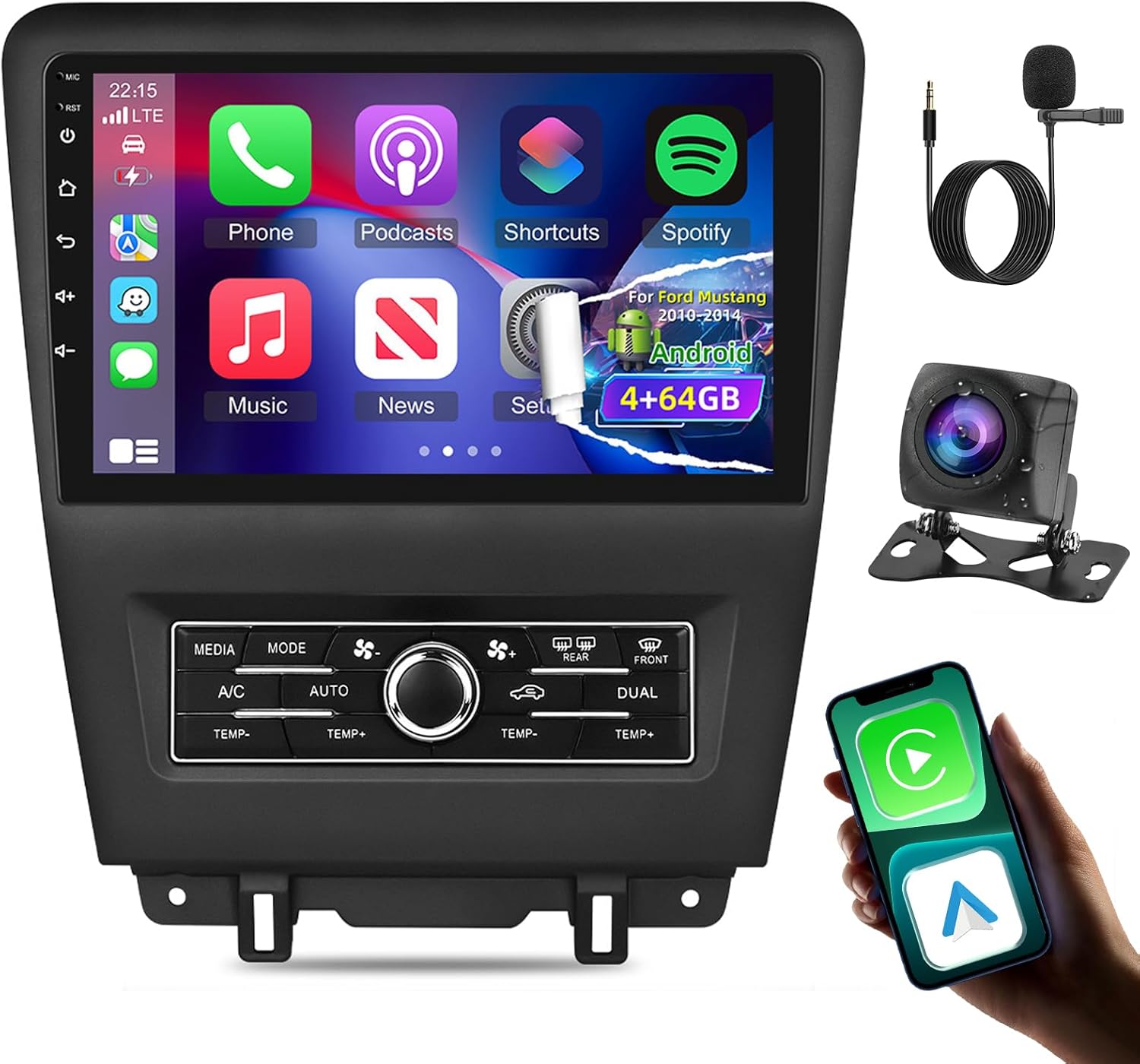 8 Core 4G+64G Upgrade Car Radio for Ford Mustang 2010 2011 2012 2013 2014, Volxcereo 10 inch Android Touch Screen Stereo with Wireless Carplay & Android Auto/DSP/WiFi/Bluetooth/RDS/FM