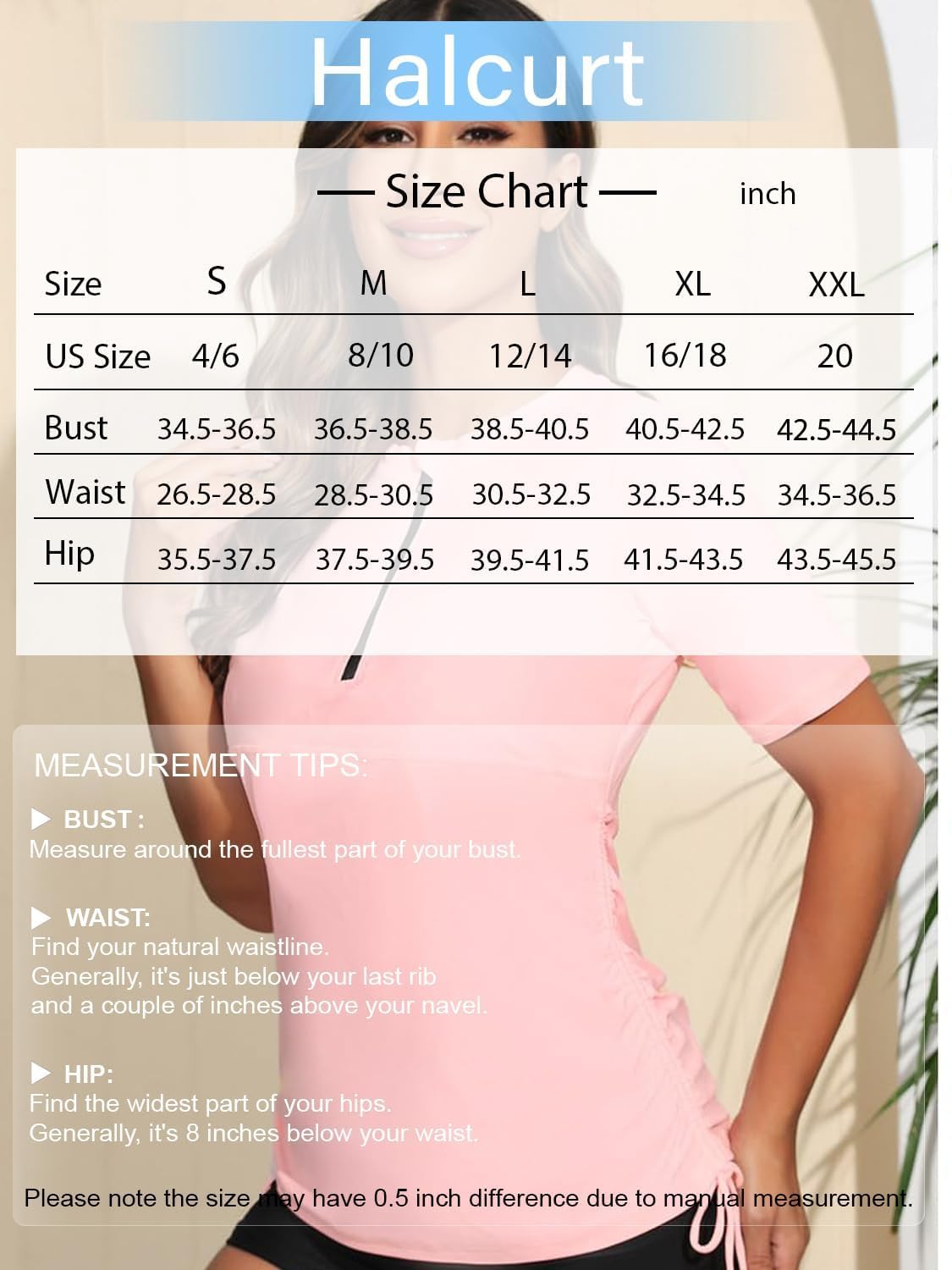 Halcurt Camiseta de manga corta con cremallera para mujer, con fruncido UPF 50, para mujer, Rosado y gris, Medium