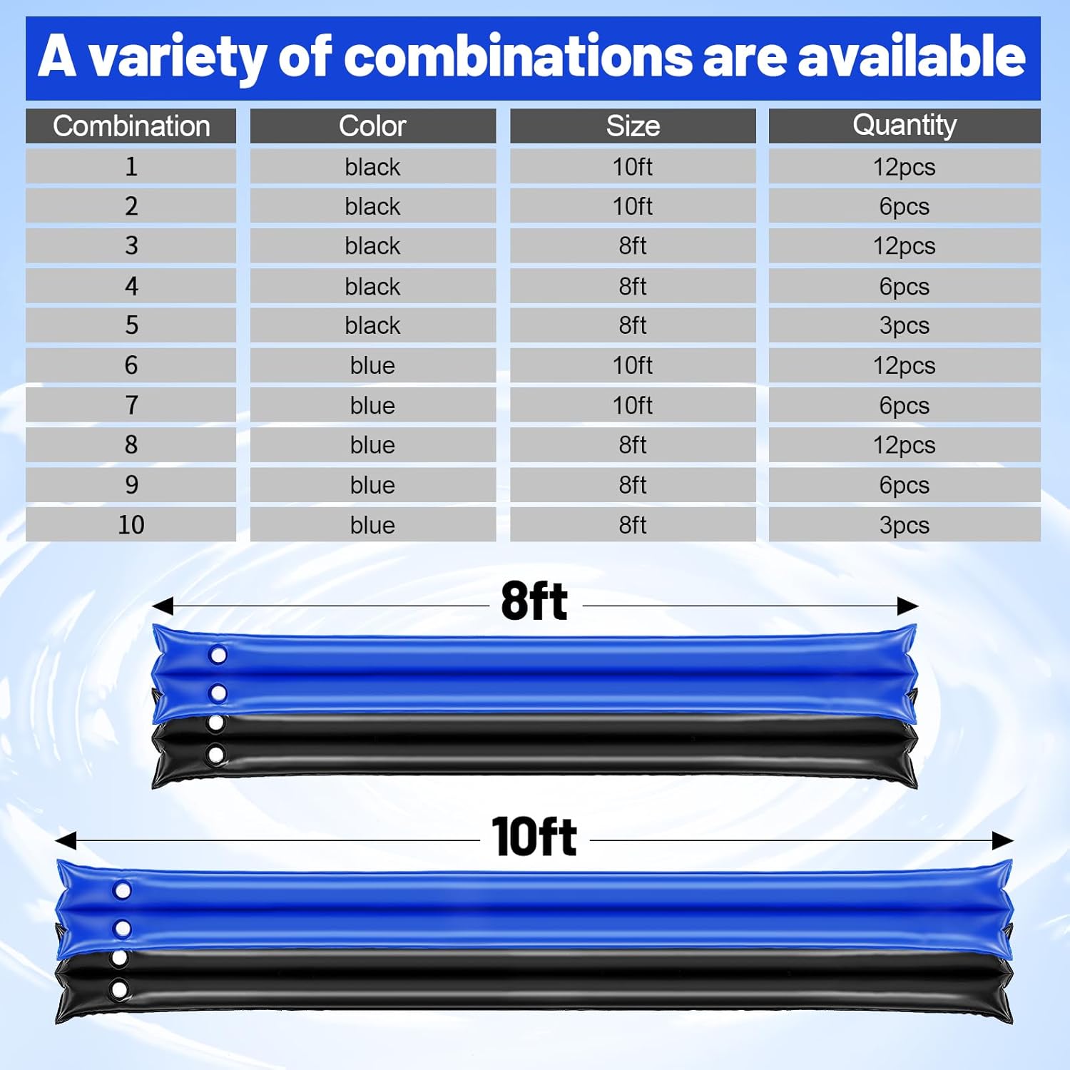 6 Packs 8ft Thicken Pool Cover Water Bags - Heavy-Duty Water Tubes Double-Chamber, 0.4mm PVC Pool Cover Weights for Winter Inground and Above Swimming Pool, Black