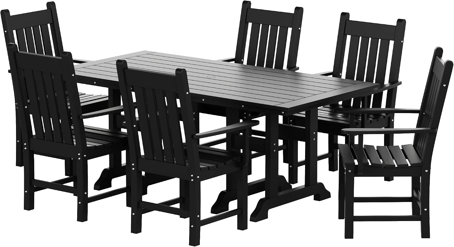 WO Home Furniture Patio Dining Table Chairs Set of 6 PCS Adirondack Dining Arm Chairs Armchairs 71" in Rectangle Table (Black)