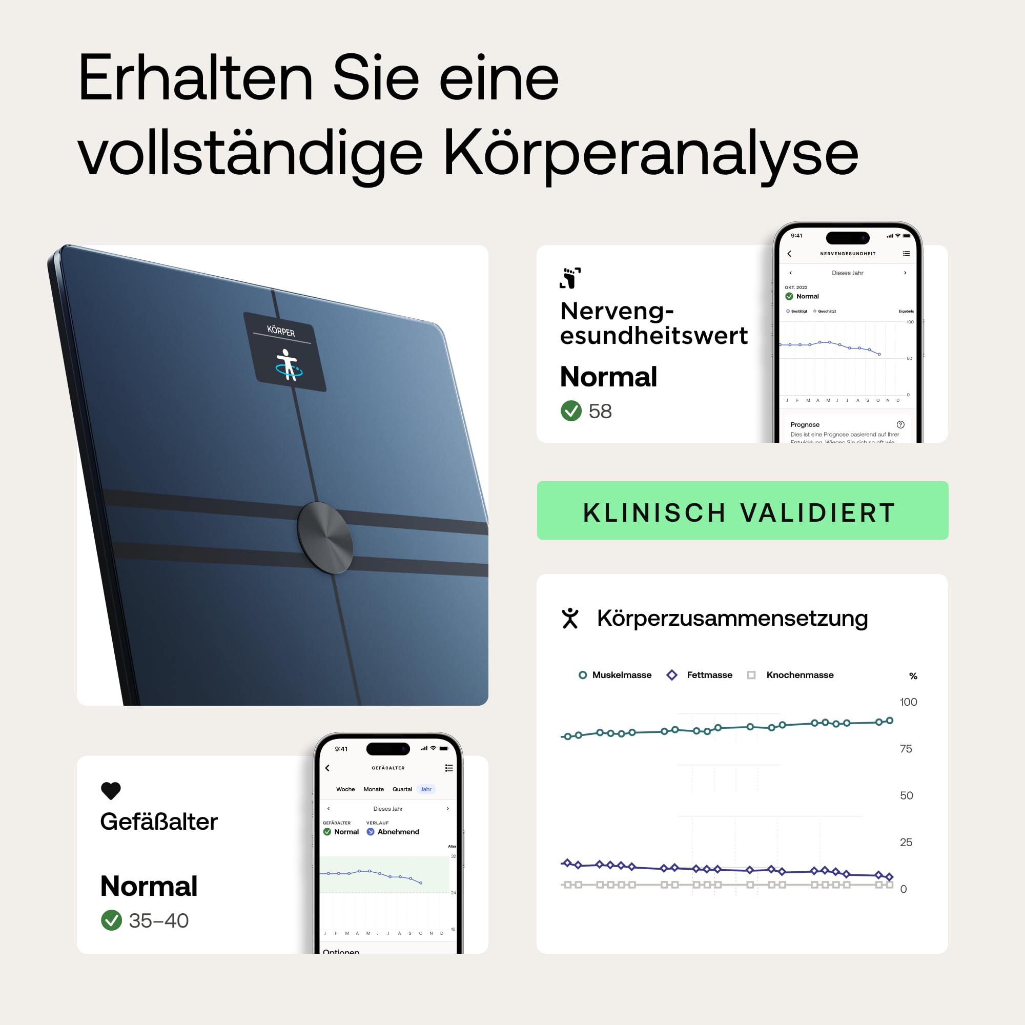 WITHINGS Body Comp — WLAN Smart Waage mit vollständiger Körperanalyse inkl. Fettanteil, Muskelmasse, Knochendichte, Viszeralfett, Digitale Personenwaagen/Körperfettwaage mit Bluetooth, Schwarz