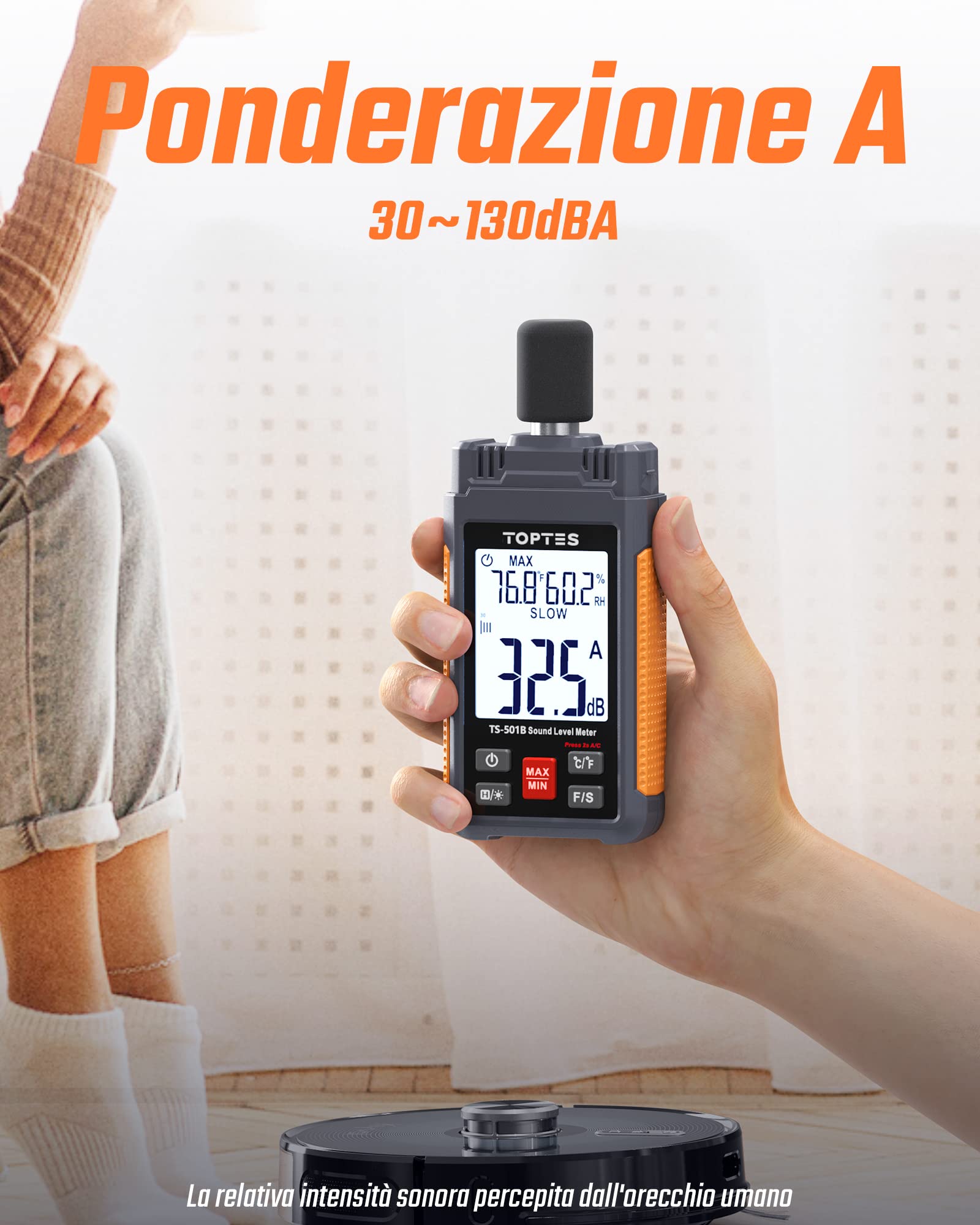 Fonometro, TopTes TS-501B Misuratore di decibel con schermo LCD retroilluminato da 2,25", ponderato A/C, intervallo 30-130 dB, valori MAX/MIN, uso domestico in fabbrica vicino al rumore - Arancione