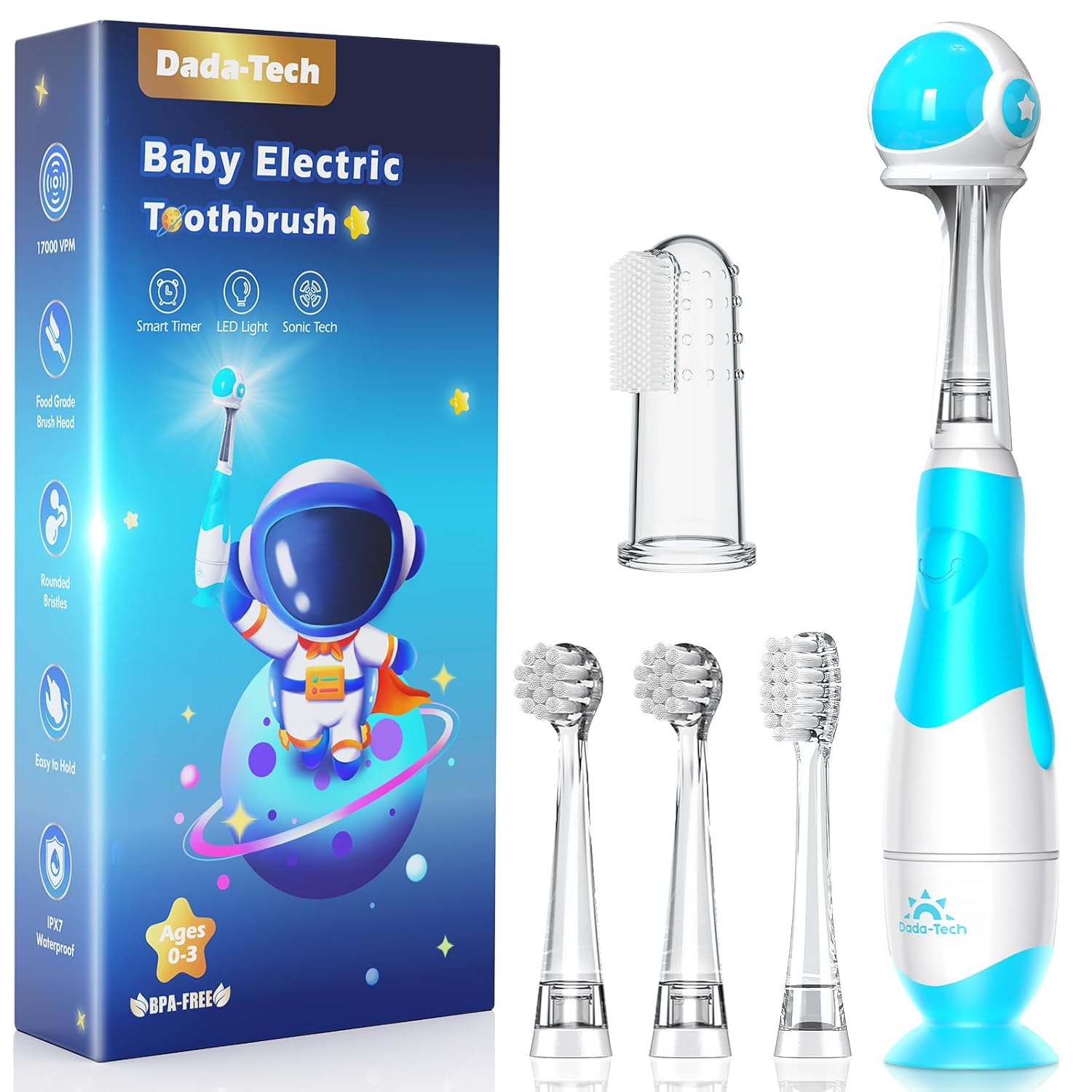 DADA-TECH Toddler Electric Toothbrush Kids Age 1-2-3 Years Old, Baby Electric Toothbrush with LED Light 2 Minutes Timer 4 Vibrating Heads for Infants Toothbrush 6 to 12 Months and Up(Blue Astronaut) DADA-TECH Toddler Electric Toothbrush Kids Age 1-2-3 Years Old, Baby Electric Toothbrush with LED Light 2 Minutes Timer 4 Vibrating Heads for Infants Toothbrush 6 to 12 Months and Up(Blue Astronaut)