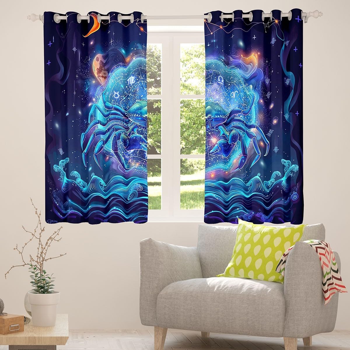 Castle Fairy Cancer Window Curtain Set of 2 Panels,12 Constellations Window Blackout Curtains,Galaxy Nebula Star Astrology Curtain for Teens Adults Bedroom Decor,42Wx84L Inches