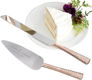 Personalization Universe Personalized Rose Gold Cake Knife & Server Set, Engraved with Names & Date for Wedding, Custom Serving Set for Cake Cutting
