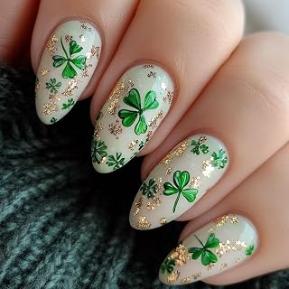 24Pcs St. Patrick's Day Press on Nails Medium Almond Fake Nails with Lucky Shamrocks Designs Green Irish False Nails Gold Glitter Glue on Nail for Women Saint Patrick's Day Manicure Decoration Supply