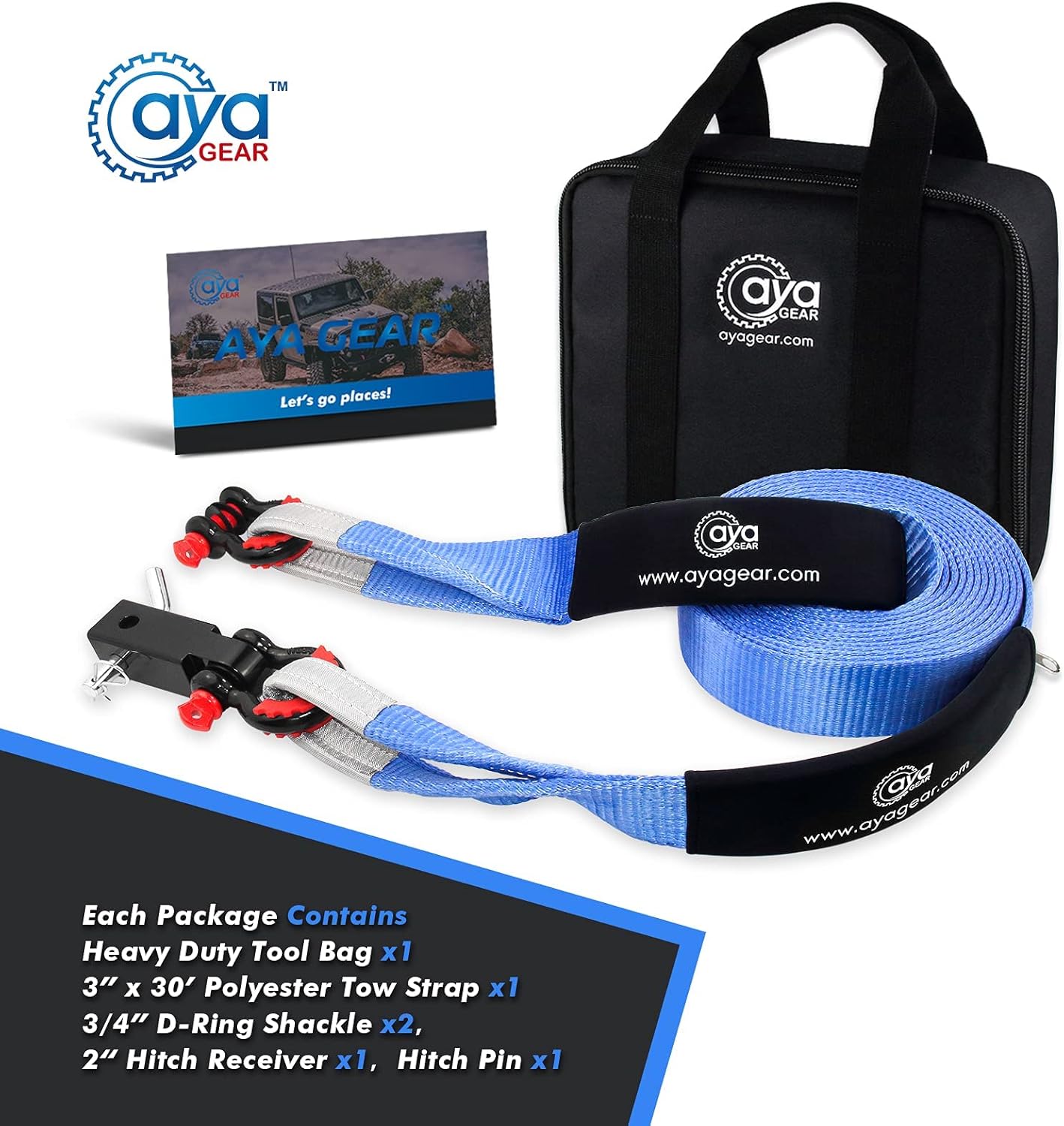 Off Road Recovery Gold Kit | 3" x30' (35,000 lbs) 100% Nylon Tow Strap + 2" Shackle Hitch Receiver + 3/4 Shackles (2pcs) with Isolator +Storage Bag| Recovery Gear Combos 4x4 Winch Accessory